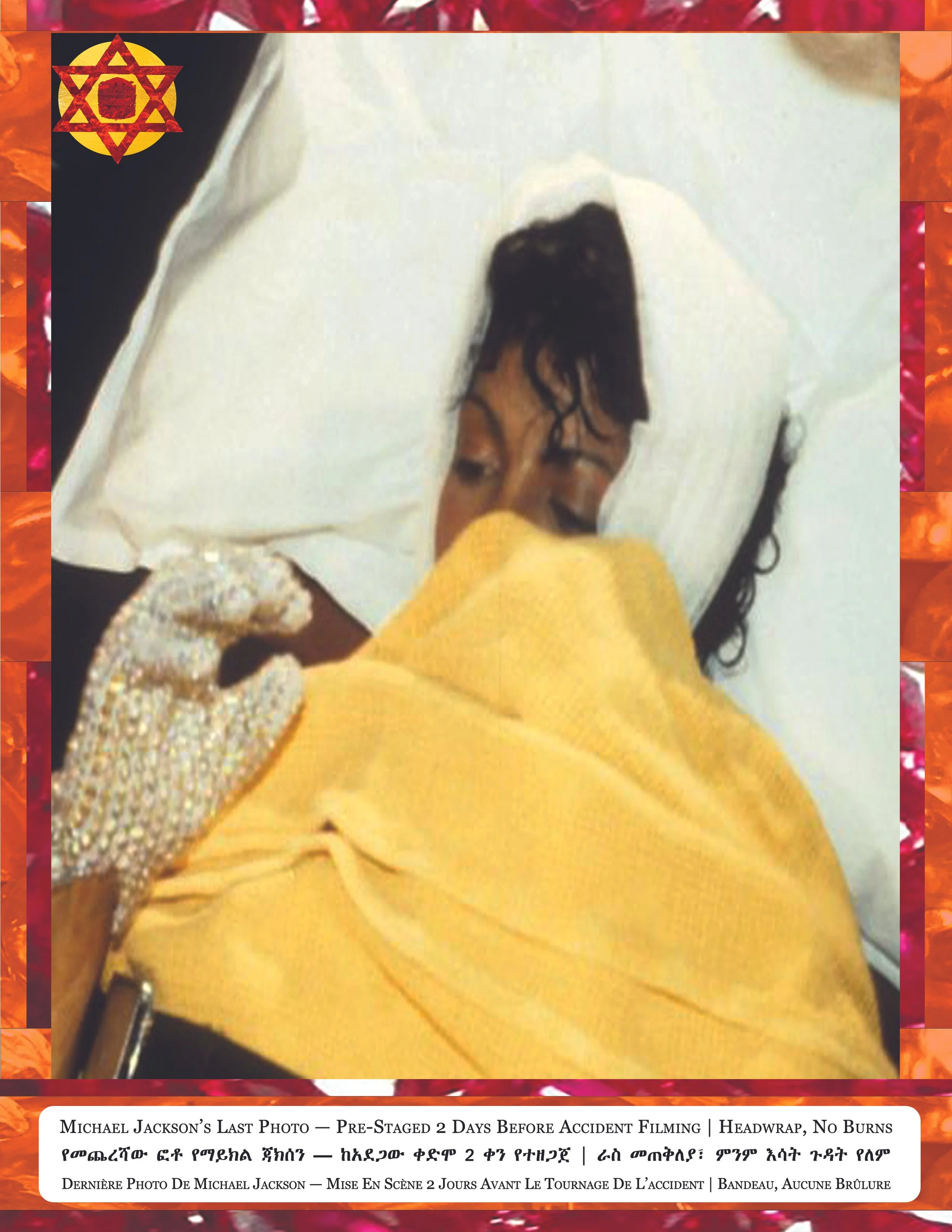 A close-up photograph of a person with black hair, wearing a light-colored shirt and a diamond-studded glove on one hand. The scene appears to be part of a memorial or tribute for Michael Jackson, with text indicating it is his last photo taken two d