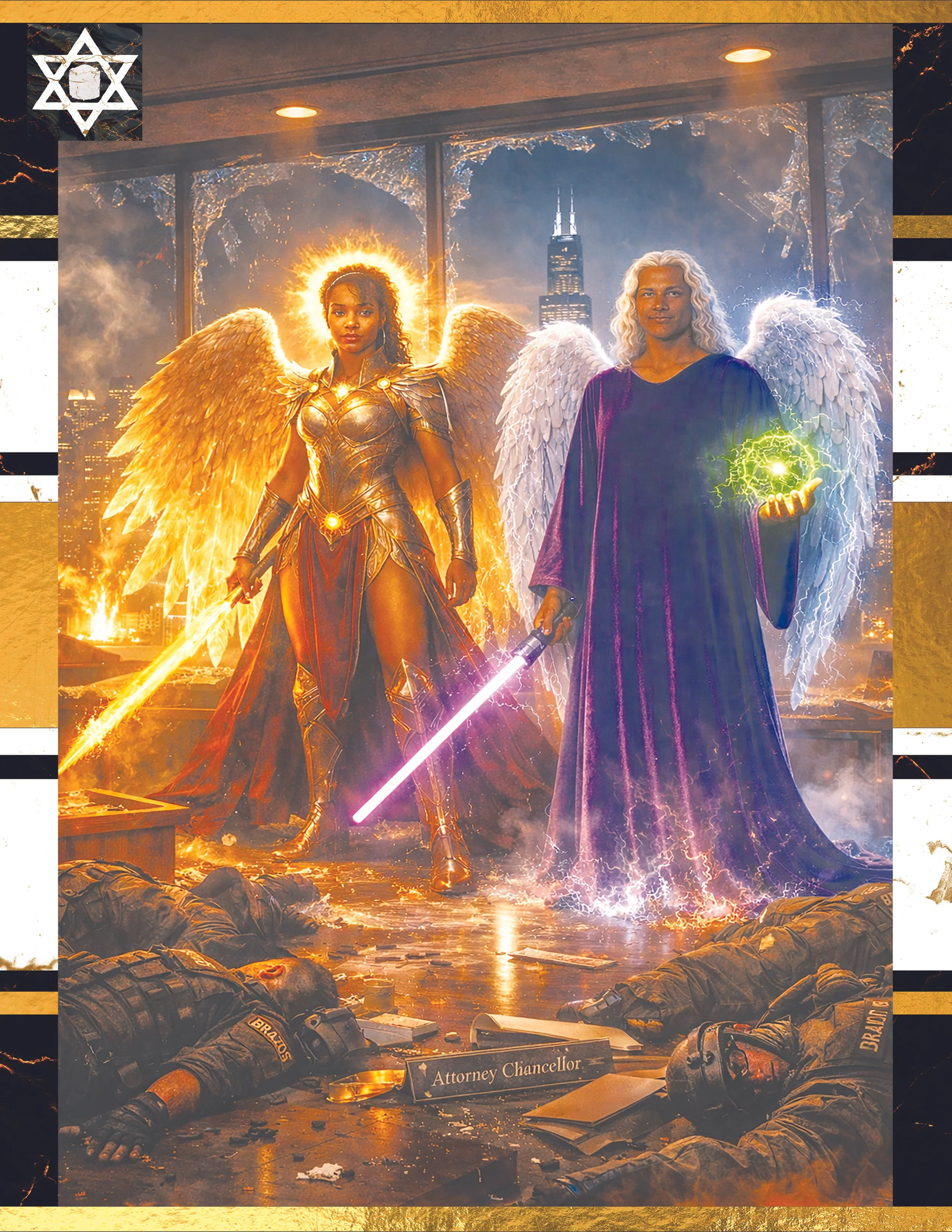Scene of chaos with two angelic figures standing amidst destruction, with fallen police officers and debris on the ground. One figure is a woman in golden armor with glowing wings and halo, the other a man in dark robes with glowing white wings, hold