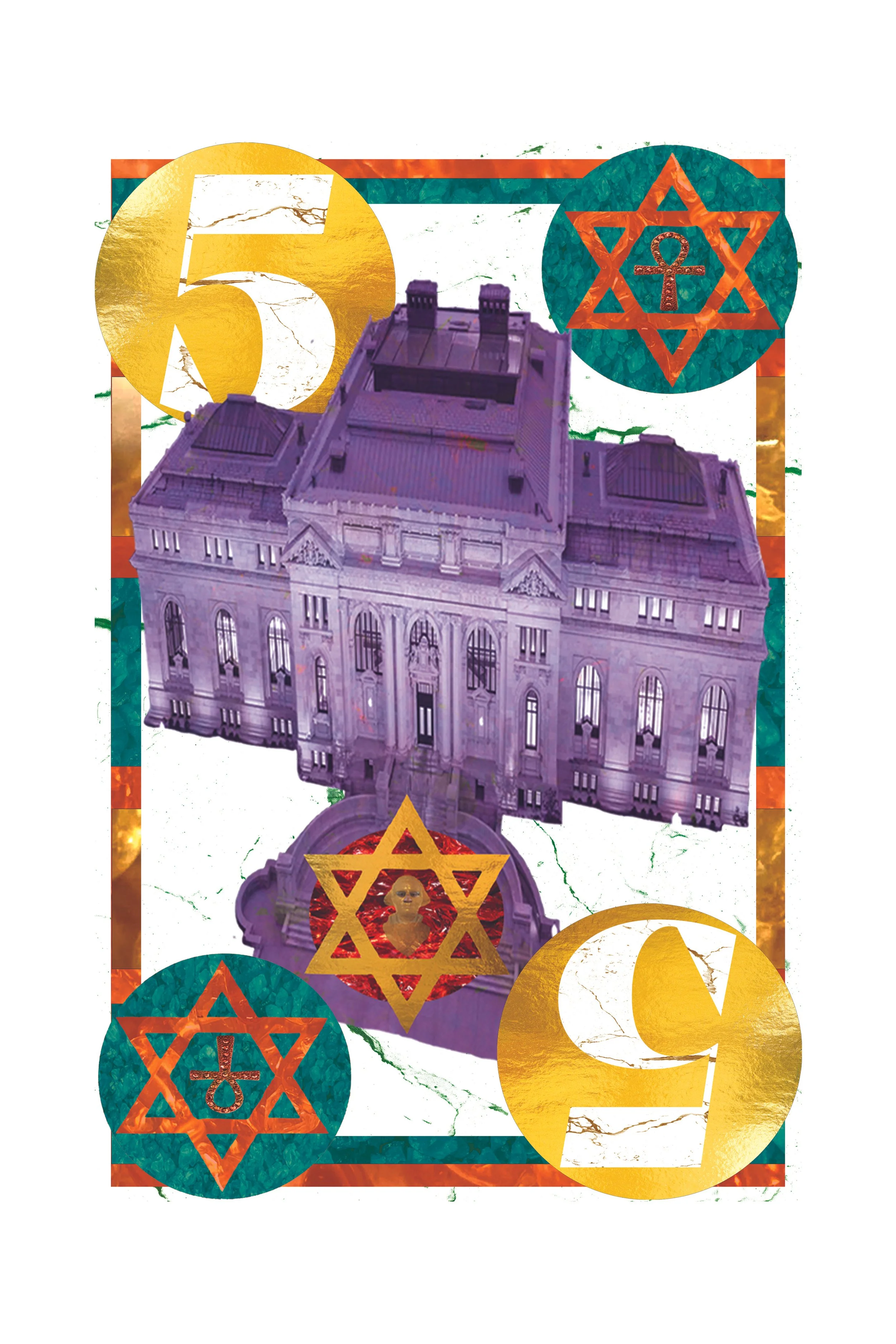 A collage featuring a large building, gold and green symbols, including a number 5, Star of David with an anchor in the middle, and a portrait of a person with a red background, all with a colorful textured and cracked background.