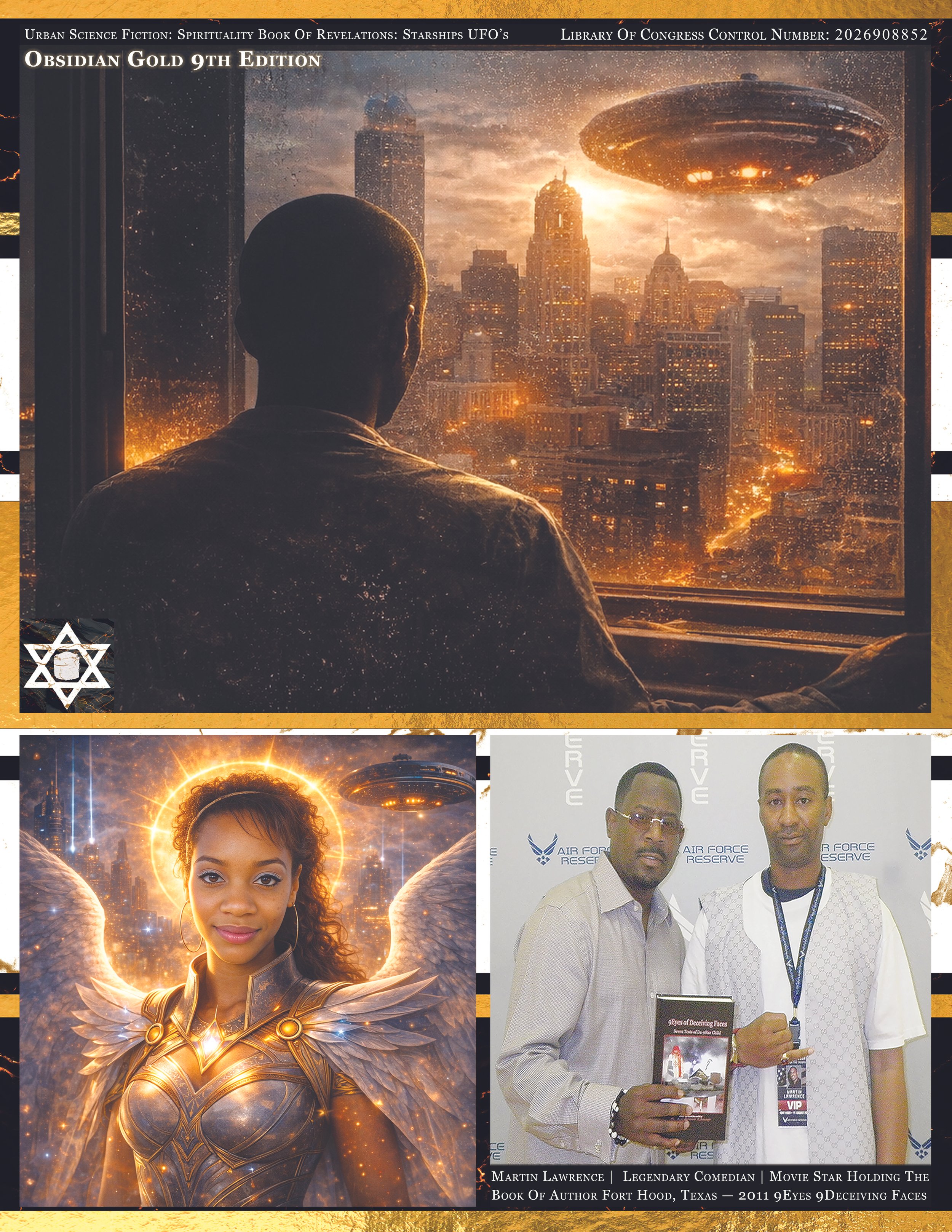 The image features a futuristic city skyline at sunset or sunrise, with a man looking out the window at flying saucers hovering overhead. The image includes text indicating it is from the book "Obsidian Gold 9th Edition" and mentions science fiction,
