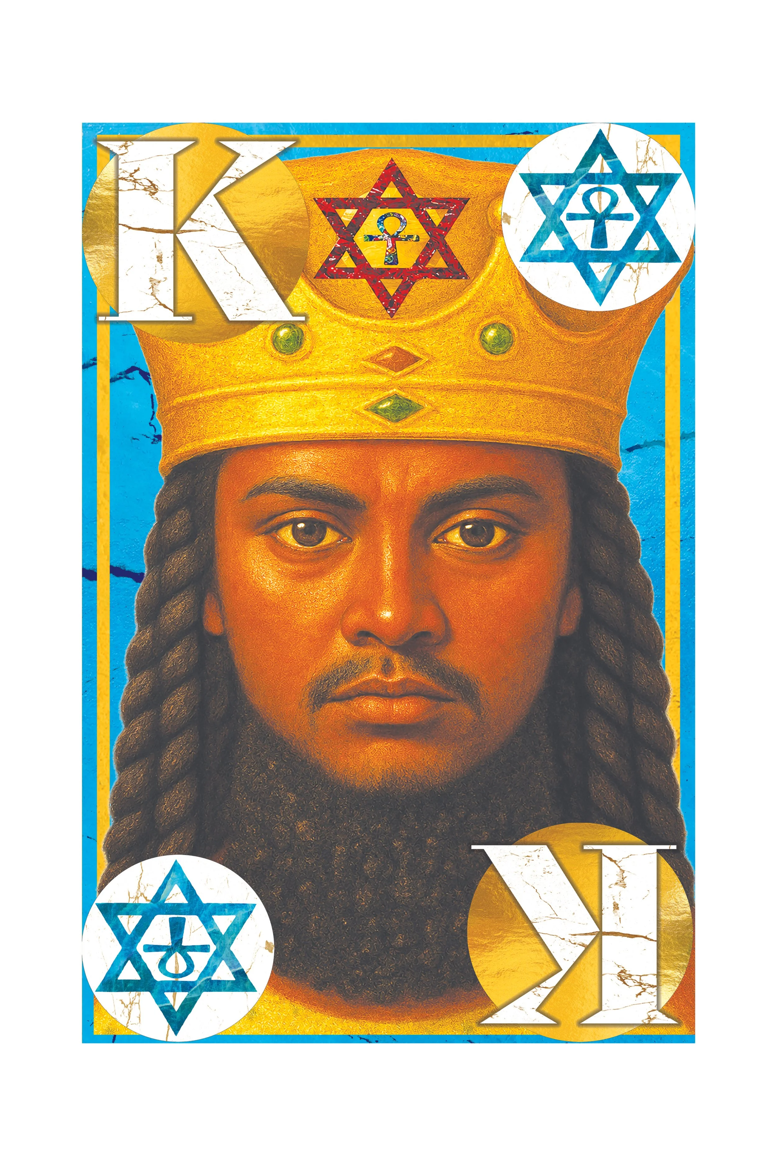 A stylized portrait of a man with long, braided hair, a beard, and wearing a golden crown with decorative stones. The image features graphic elements and symbols, including a large white circle with a blue Star of David and an anchor symbol inside, a