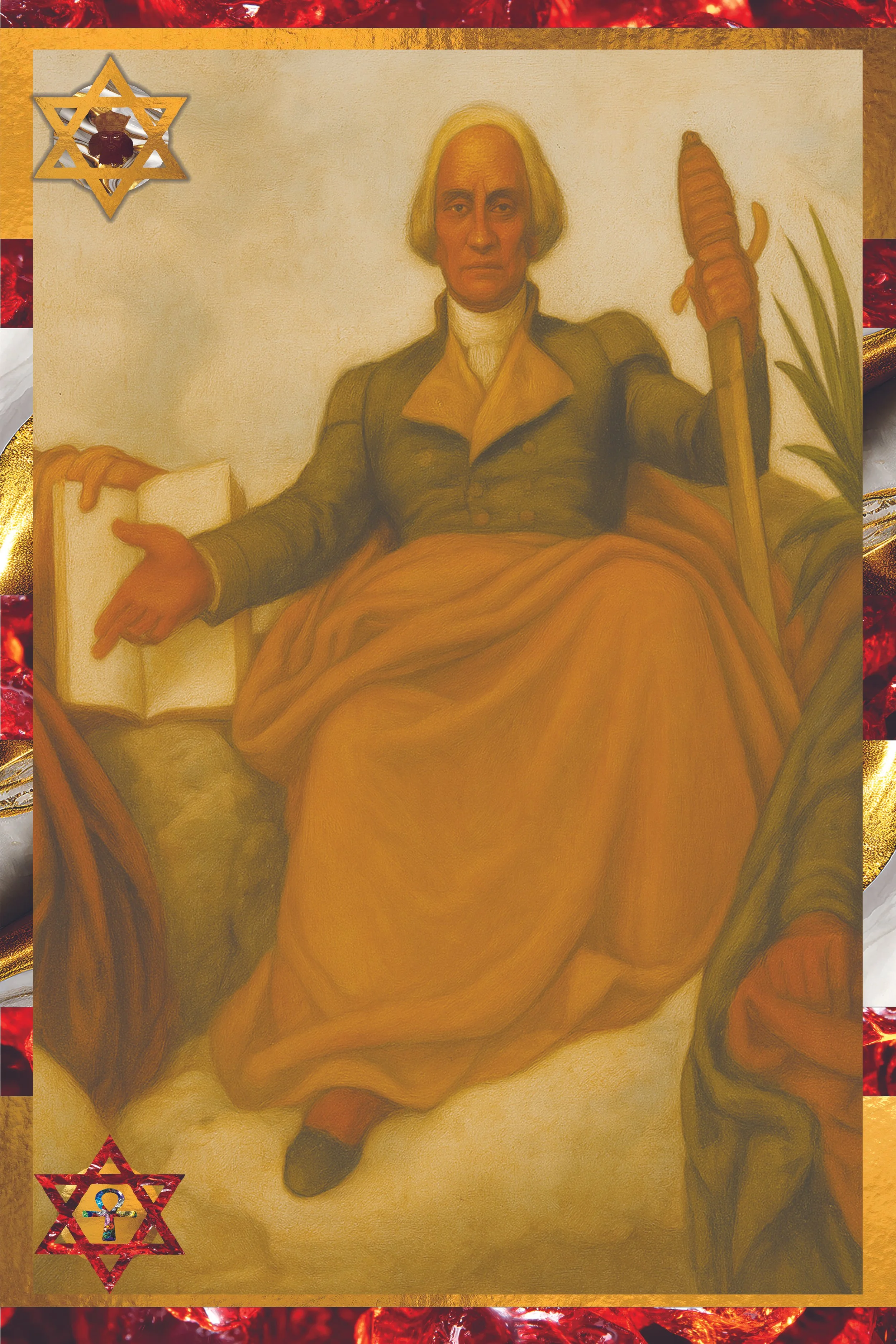 A portrait of a woman with pale skin and white hair, sitting with a serious expression, wearing a dark jacket over a white shirt, holding a wooden staff in her right hand, with green plants in the background. Decorative elements and symbols are prese