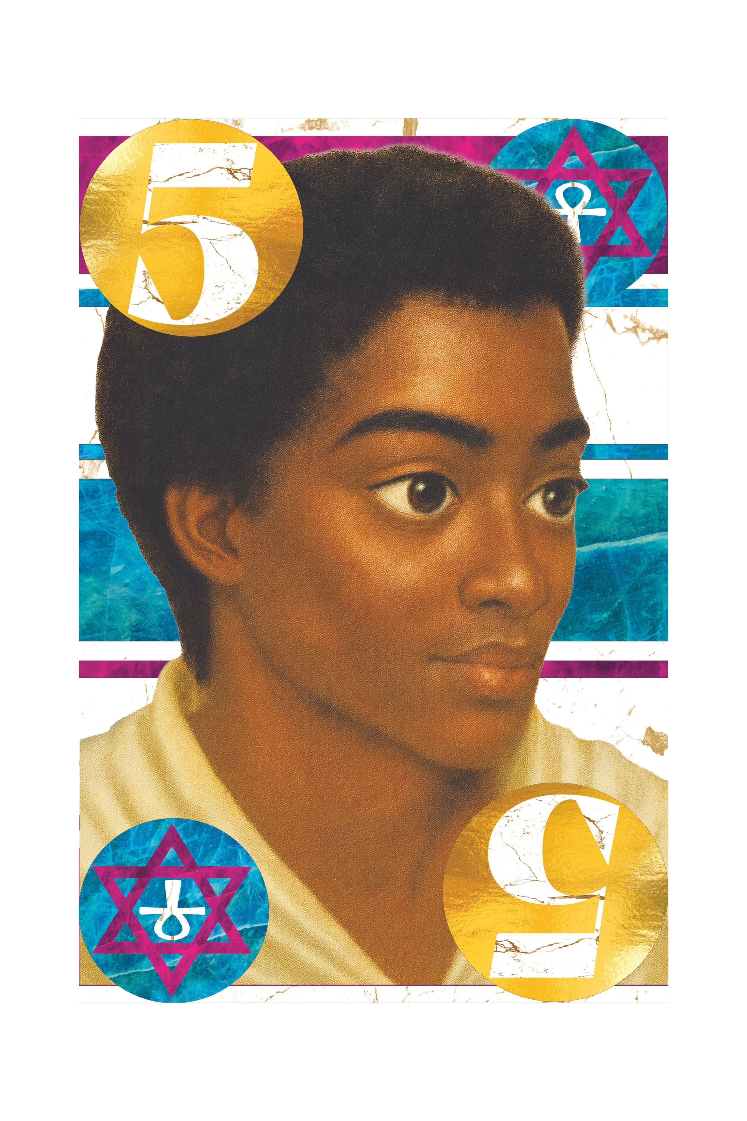 Close-up of a young woman with dark, short hair, wearing a beige top, with colorful symbols related to Judaism and Israel around her, including a yellow circle with the number 5, and a blue Star of David with a menorah and a white sword inside.