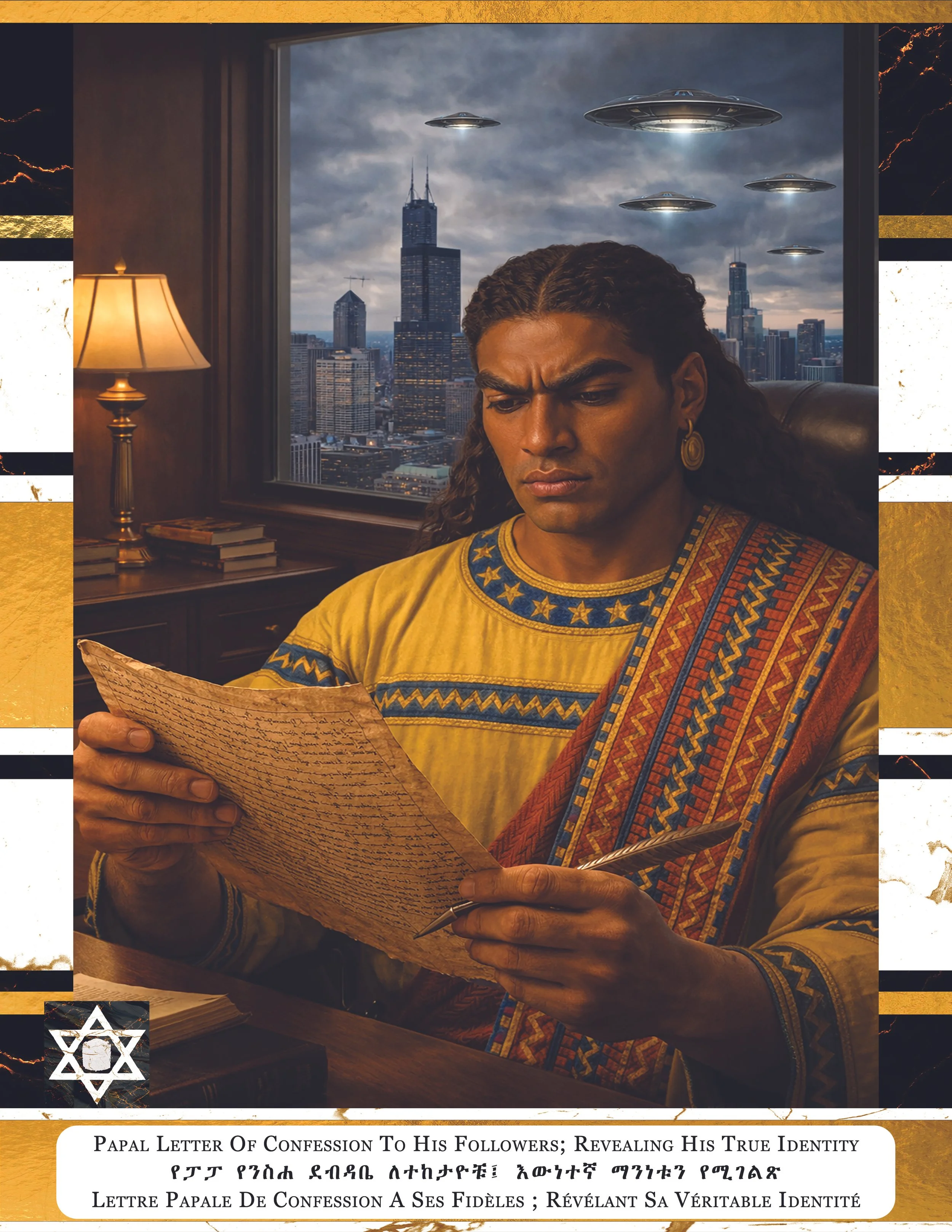 A man with long hair and traditional African clothing sitting indoors and reading an ancient papyrus document at a desk, with a city skyline and flying saucers outside the window.