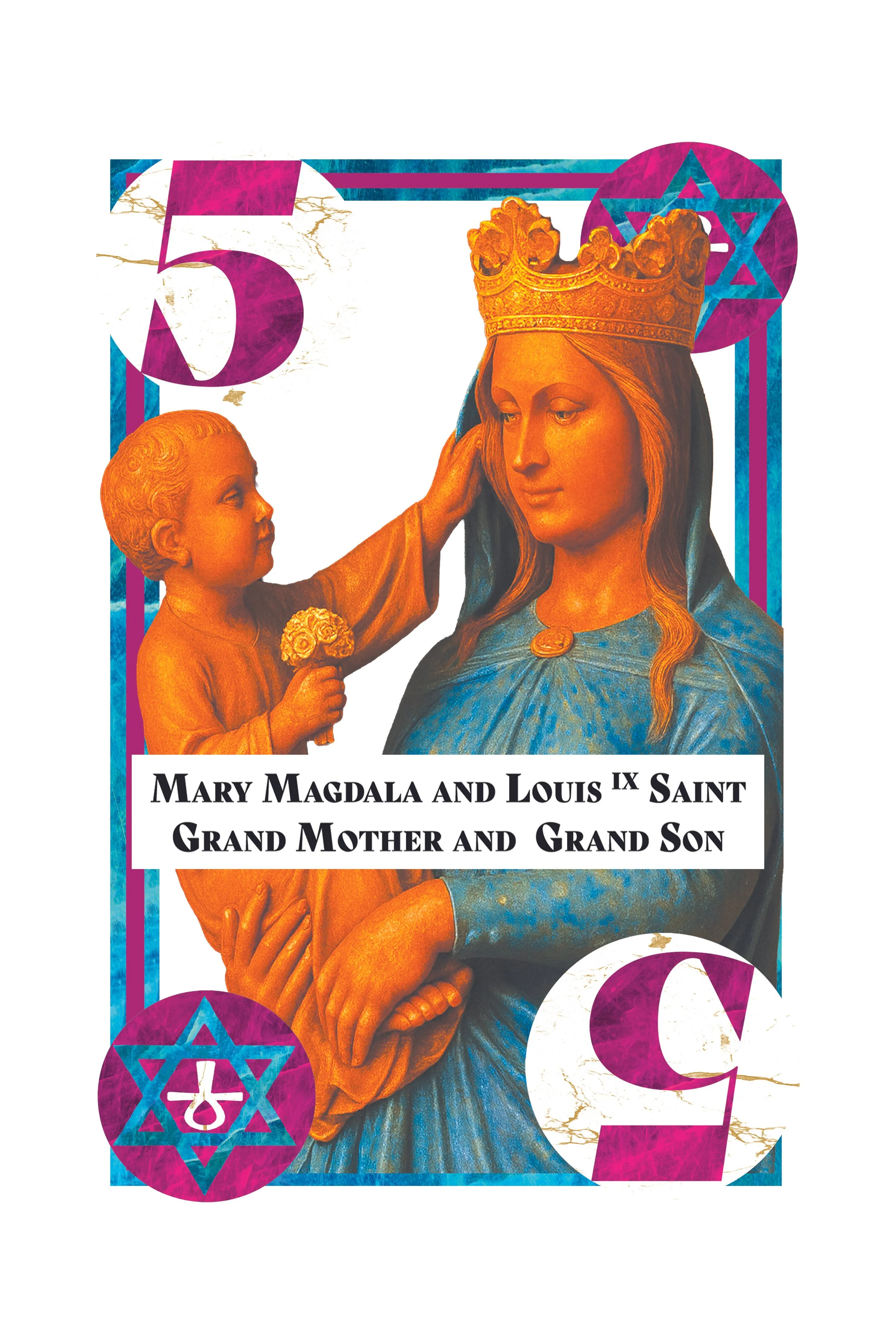 Book cover with religious imagery of Mary Magdalene wearing a crown, holding a child, with decorative symbols of stars and moons in purple, pink, and blue colors.