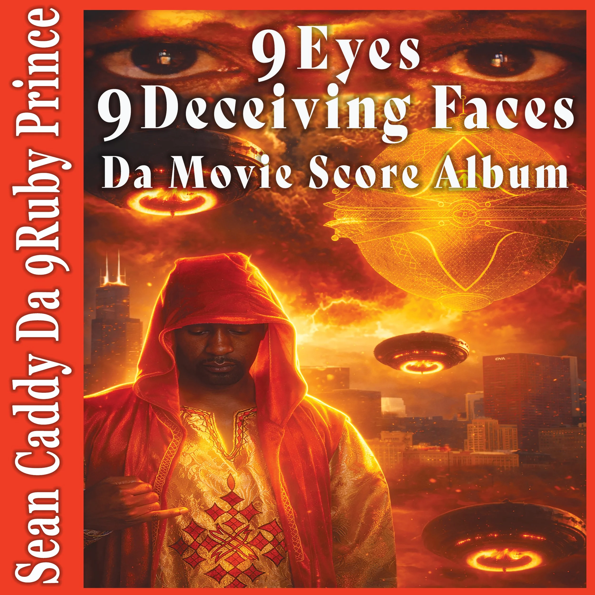 Futuristic city scene with large floating discs and fiery explosions in the background, featuring a man with eyes closed wearing a jacket with a dragon design, and glowing orange and yellow hues.