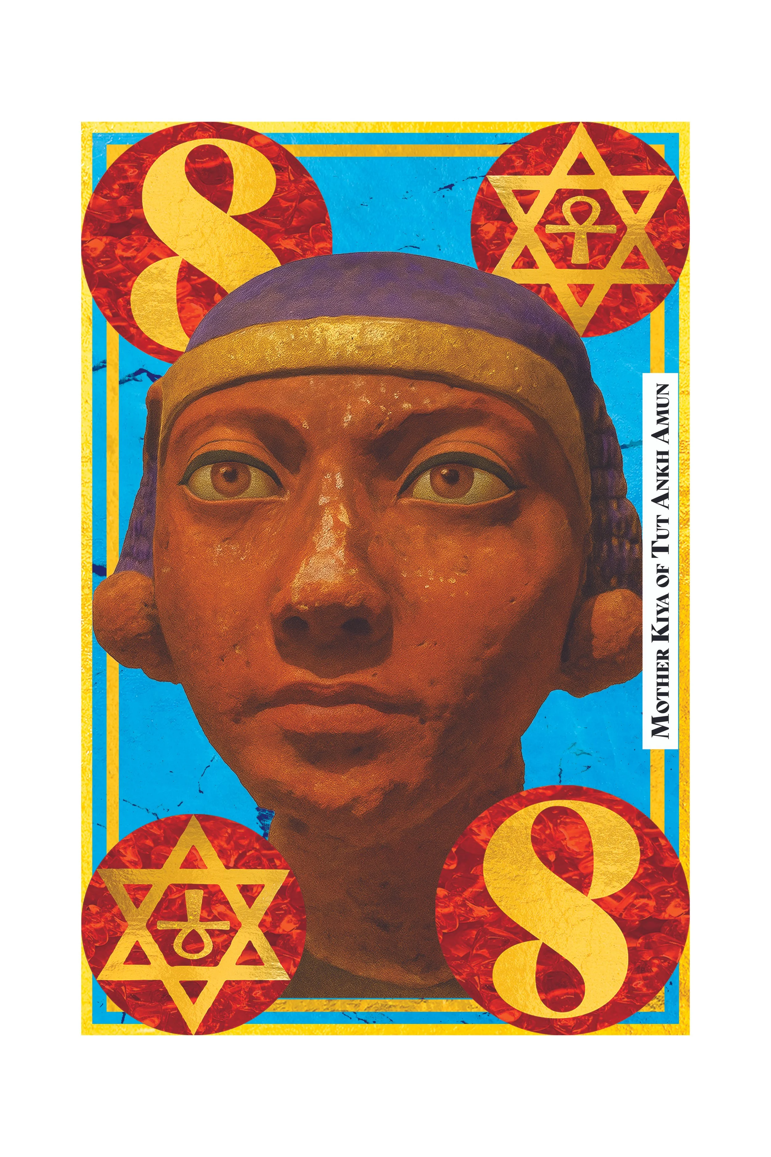 Close-up of a colorful card featuring a portrait of a person with short hair, wearing a headband, surrounded by symbols of the Star of David and the dollar sign.
