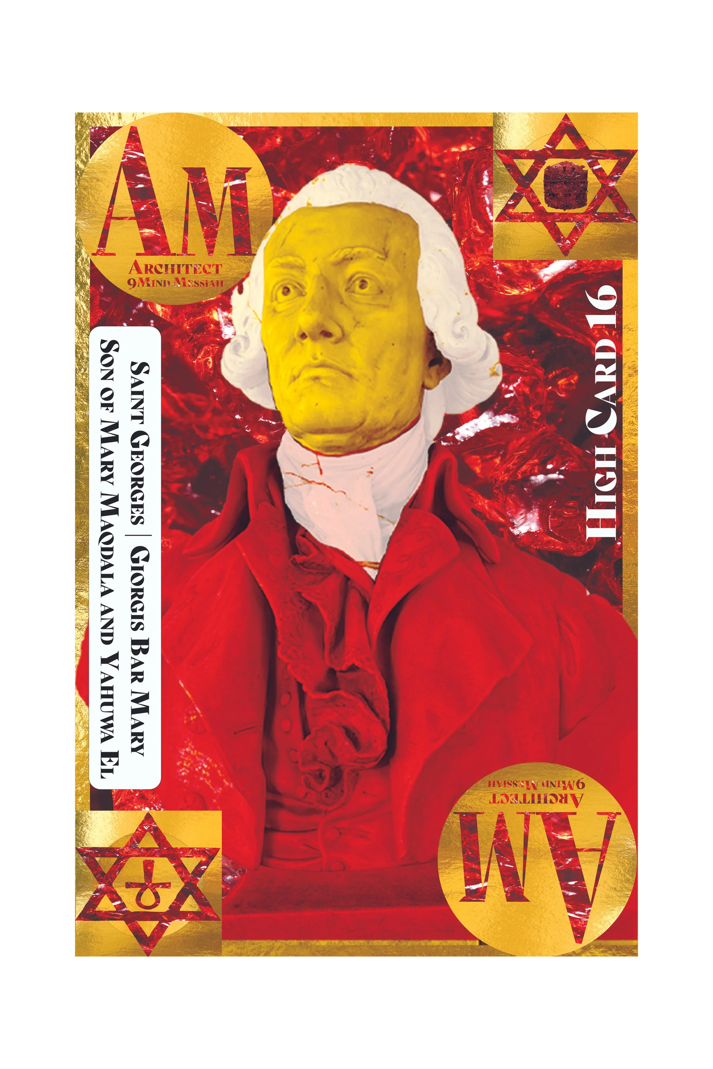 A political poster featuring a stylized portrait of a man with white hair and a yellow face, dressed in a red suit, set against a red background with gold accents. The poster displays text and symbols, including a Star of David with a circle and arro