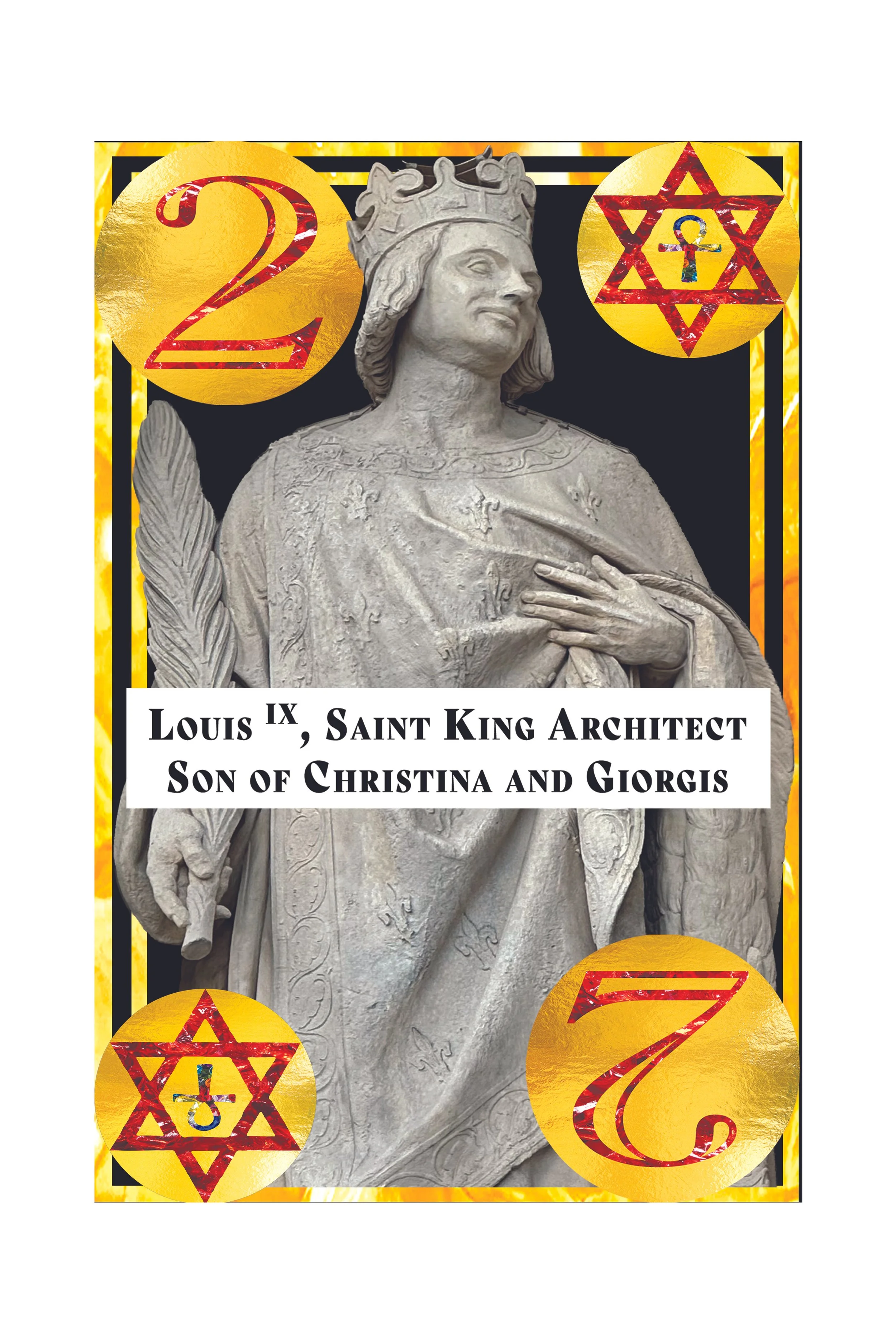 A marble statue of a medieval king or saint with a crown and robes, surrounded by decorative elements including gold circles with red numbers and Star of David symbols in a colorful, ornate frame.