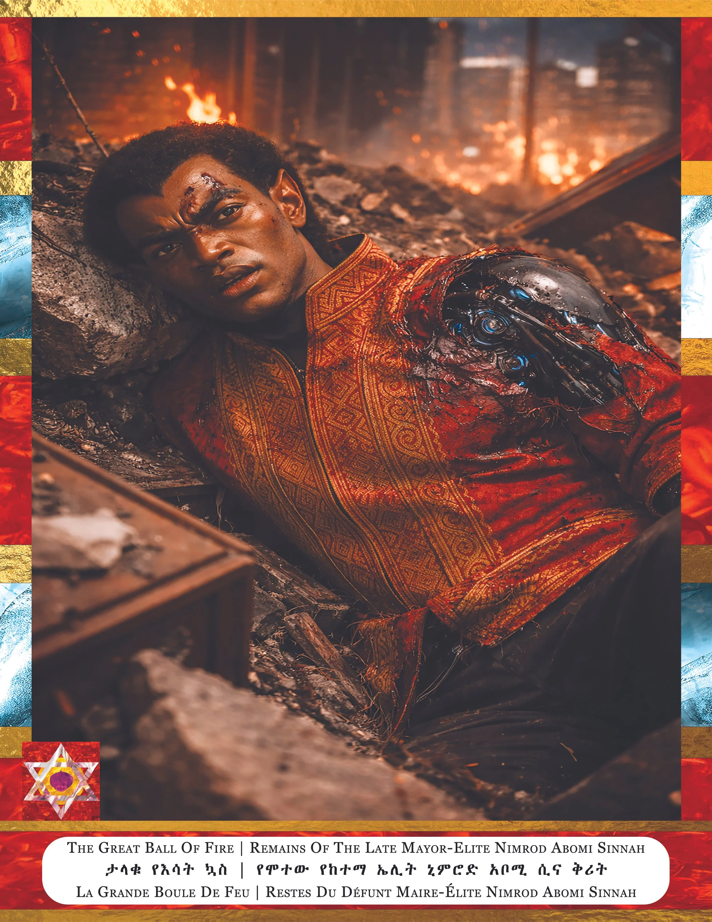 A person lying on the ground amidst destruction, with a scarred face and a robotic arm, in front of a fiery background, indicating a scene of devastation.