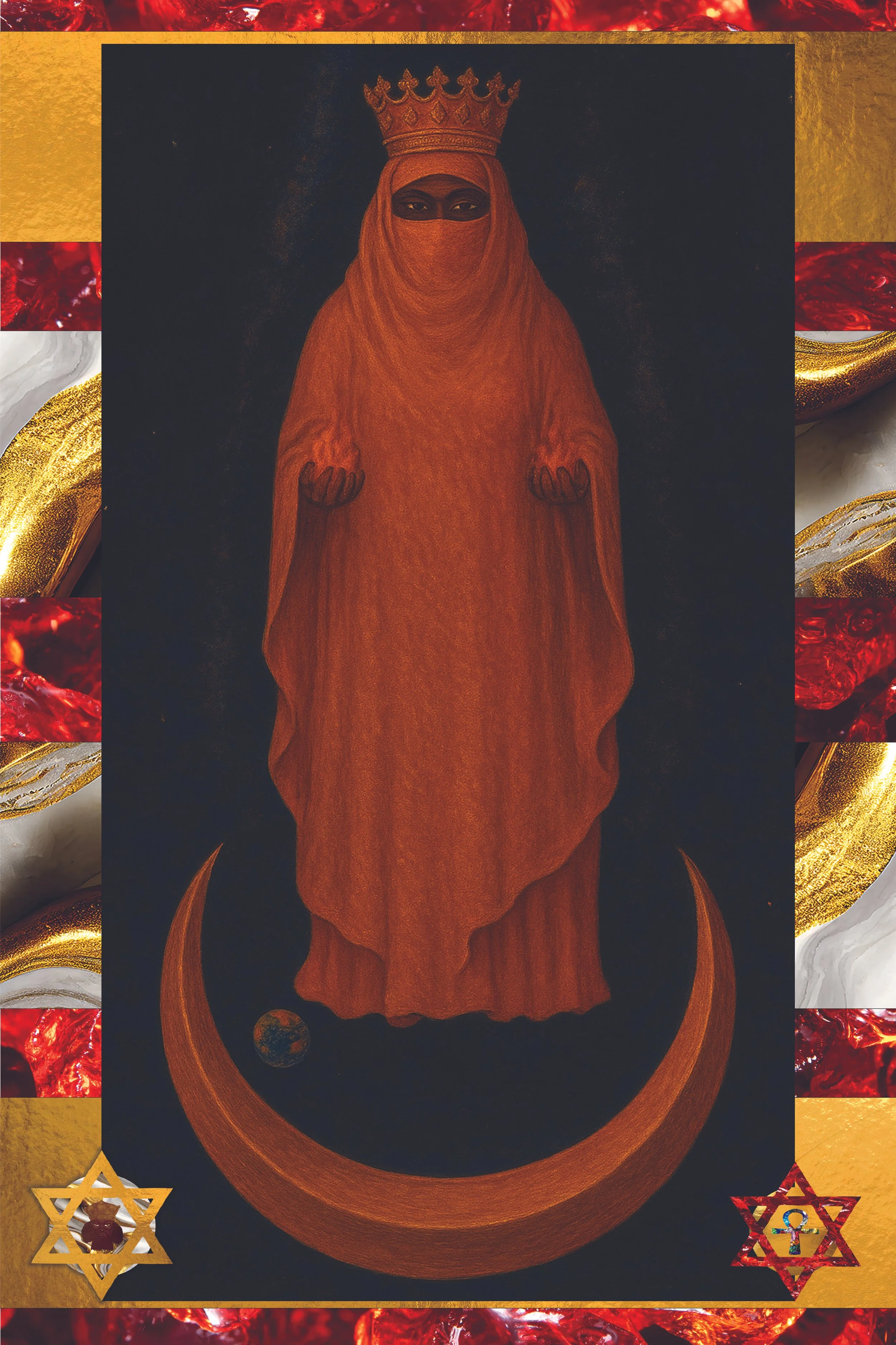 A dark painting depicts a regal woman wearing an orange veil and a gold crown, with a black background. She has piercing eyes visible through the veil and is standing in front of a circular, reddish-brown halo. In the bottom corners, there are two si