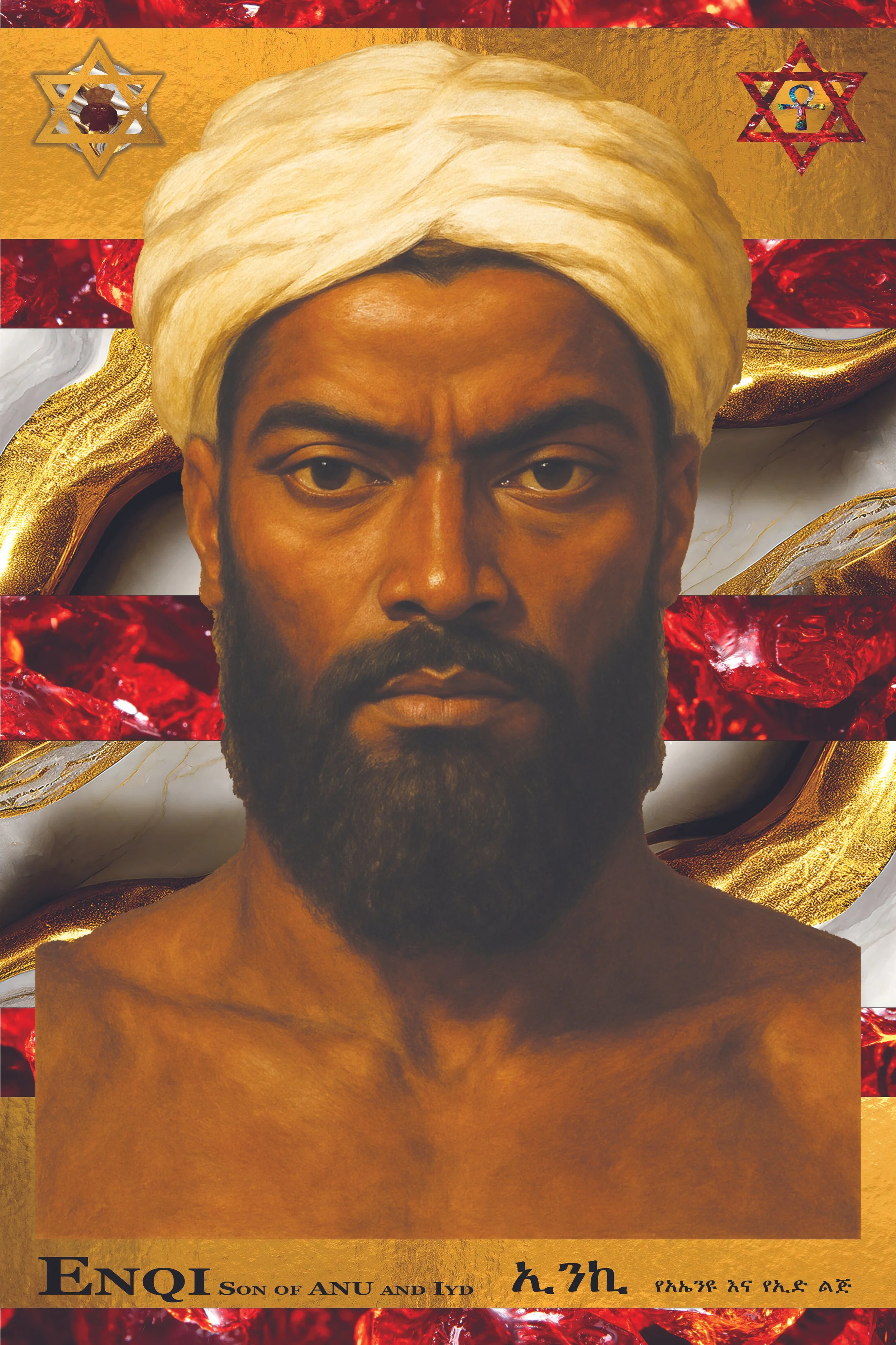 A painting of a man wearing a white turban, with a serious expression. The background features gold and red colors with decorative symbols, including a Star of David and an ankh.