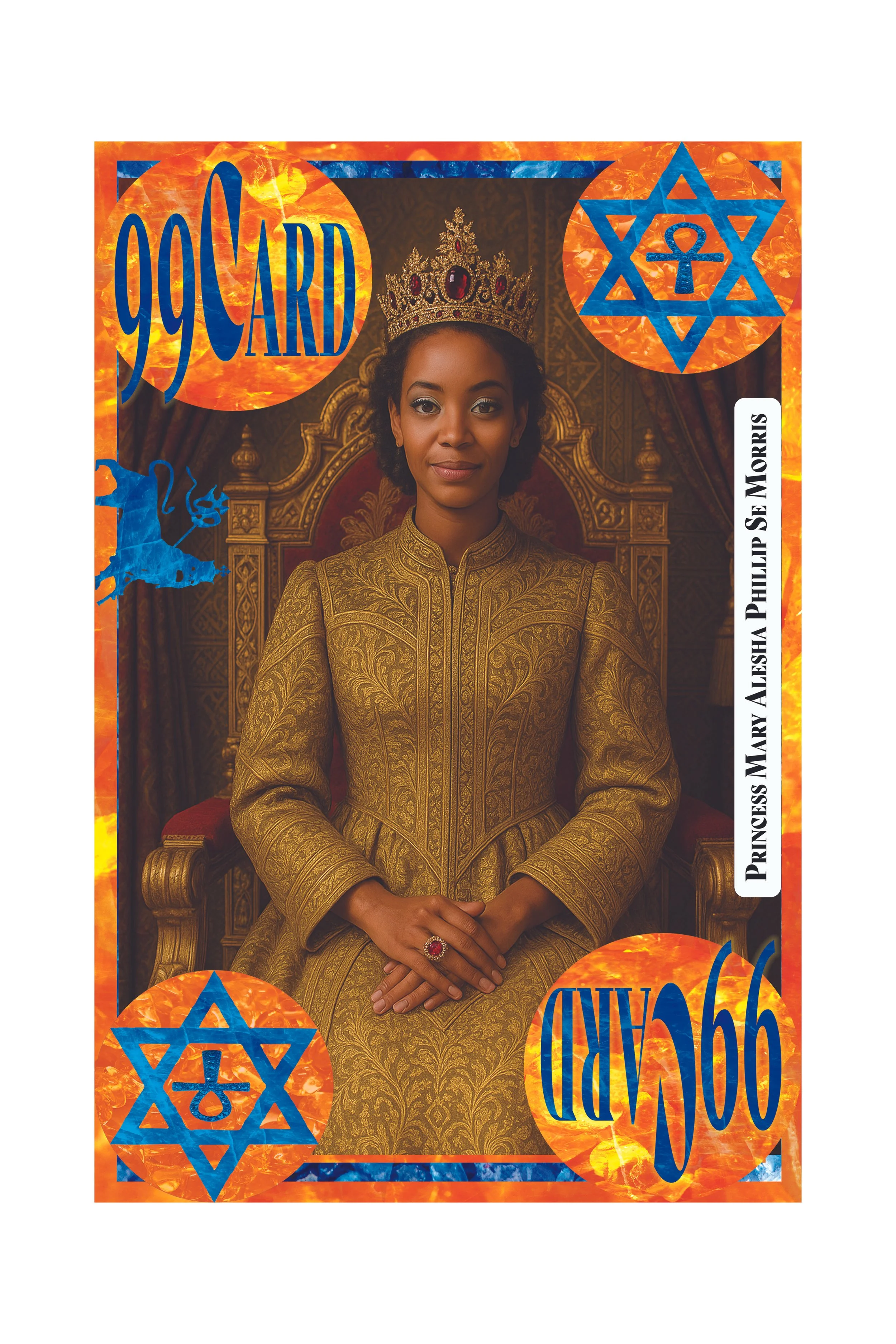 Book cover featuring a woman dressed as a princess, wearing a golden gown and a crown, sitting on a throne. The cover has bright orange flames and symbols, including the Star of David, with the title '99 Card' and the author's name, Alyssa Marie Phil