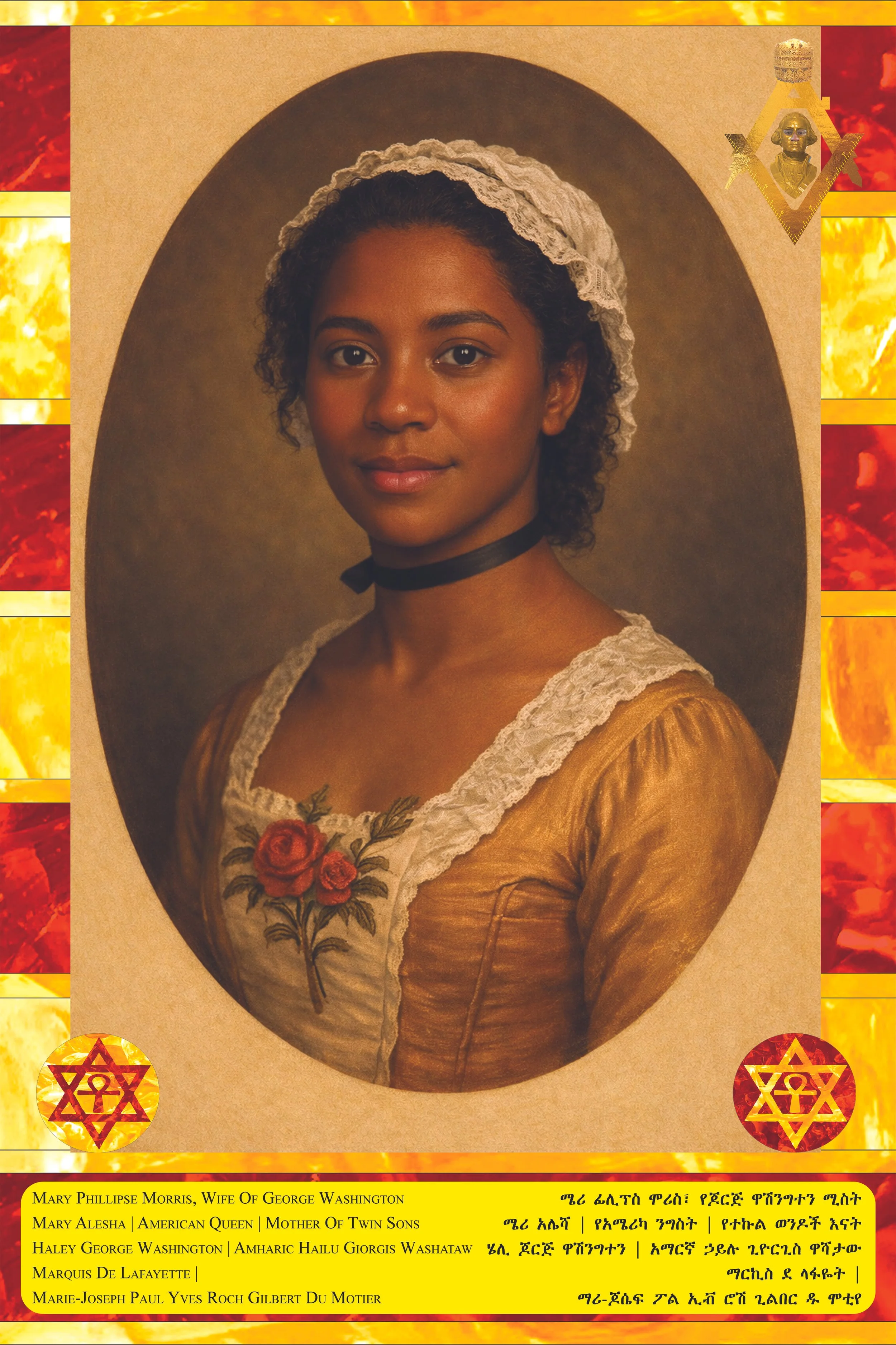 Portrait of Mary Phillips Morris, wife of George Washington, with decorative borders featuring African American symbols and colors, and text in English and Amharic listing her names and relations.