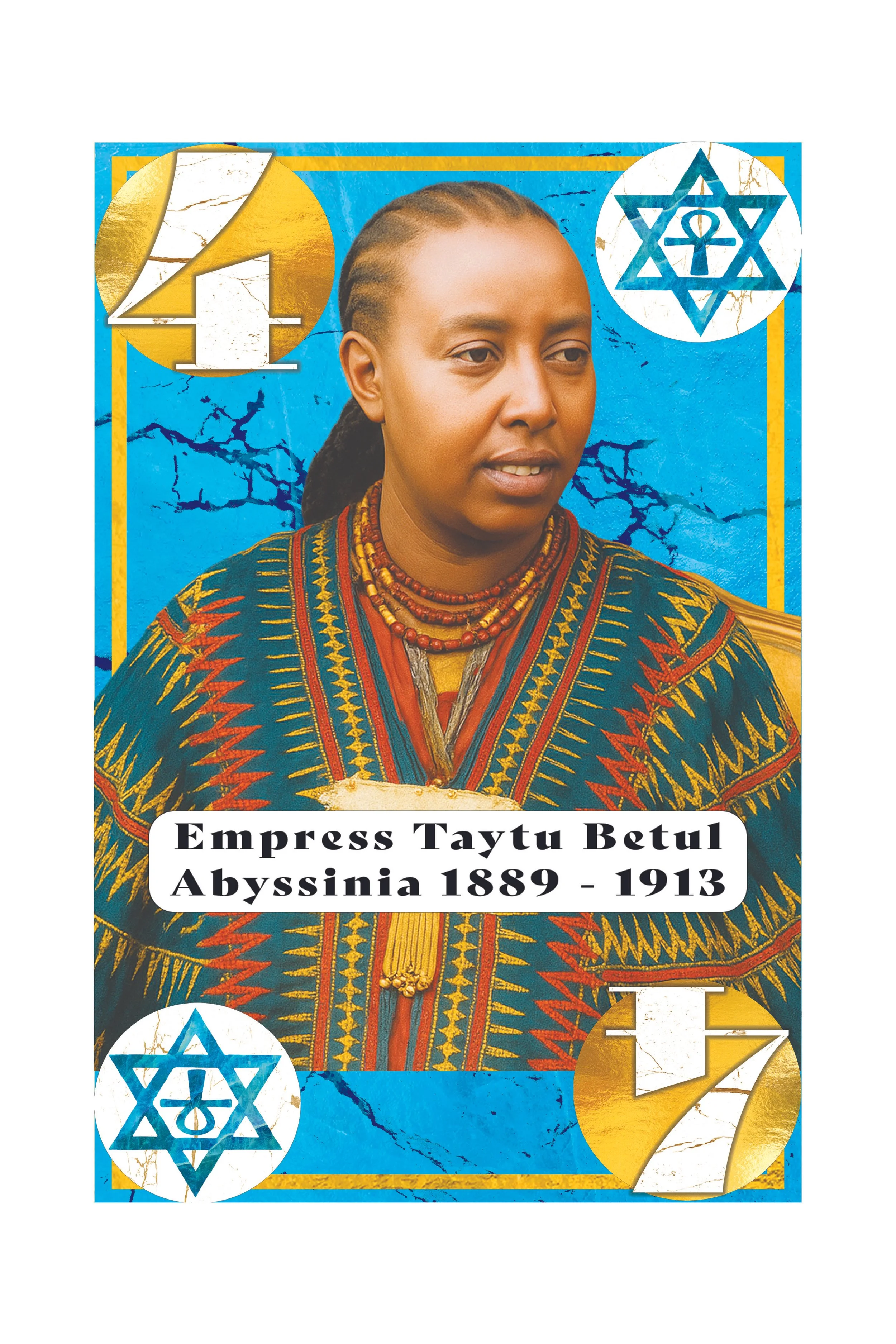Illustration of Empress Taytu Betul from Abyssinia, born 1889, died 1913, with Ethiopian and Jewish symbols in the background.