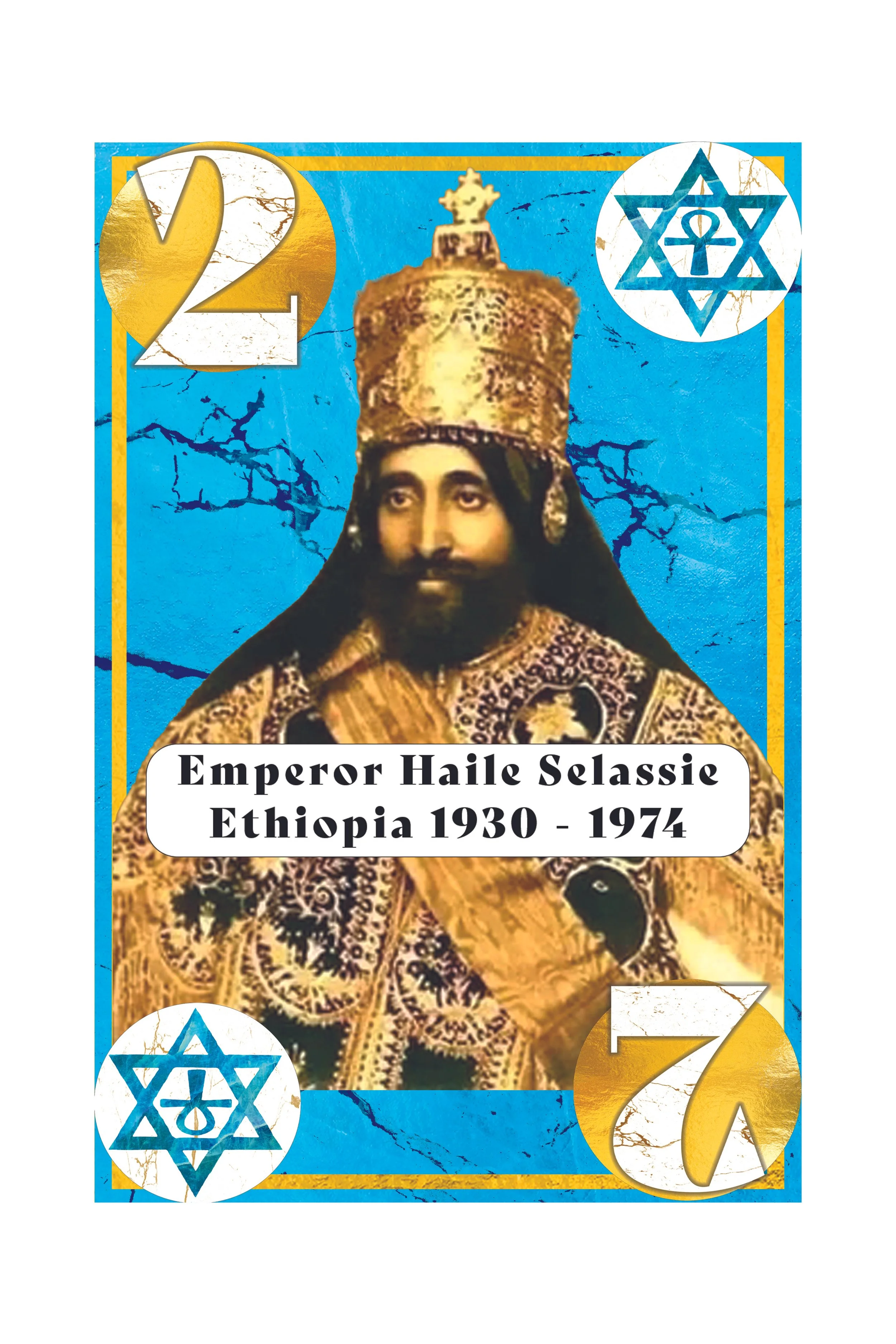 Portrait of Emperor Haile Selassie of Ethiopia, with years 1930-1974, set against a blue background with gold accents and symbols including the number 2 and 7, and the Star of David.