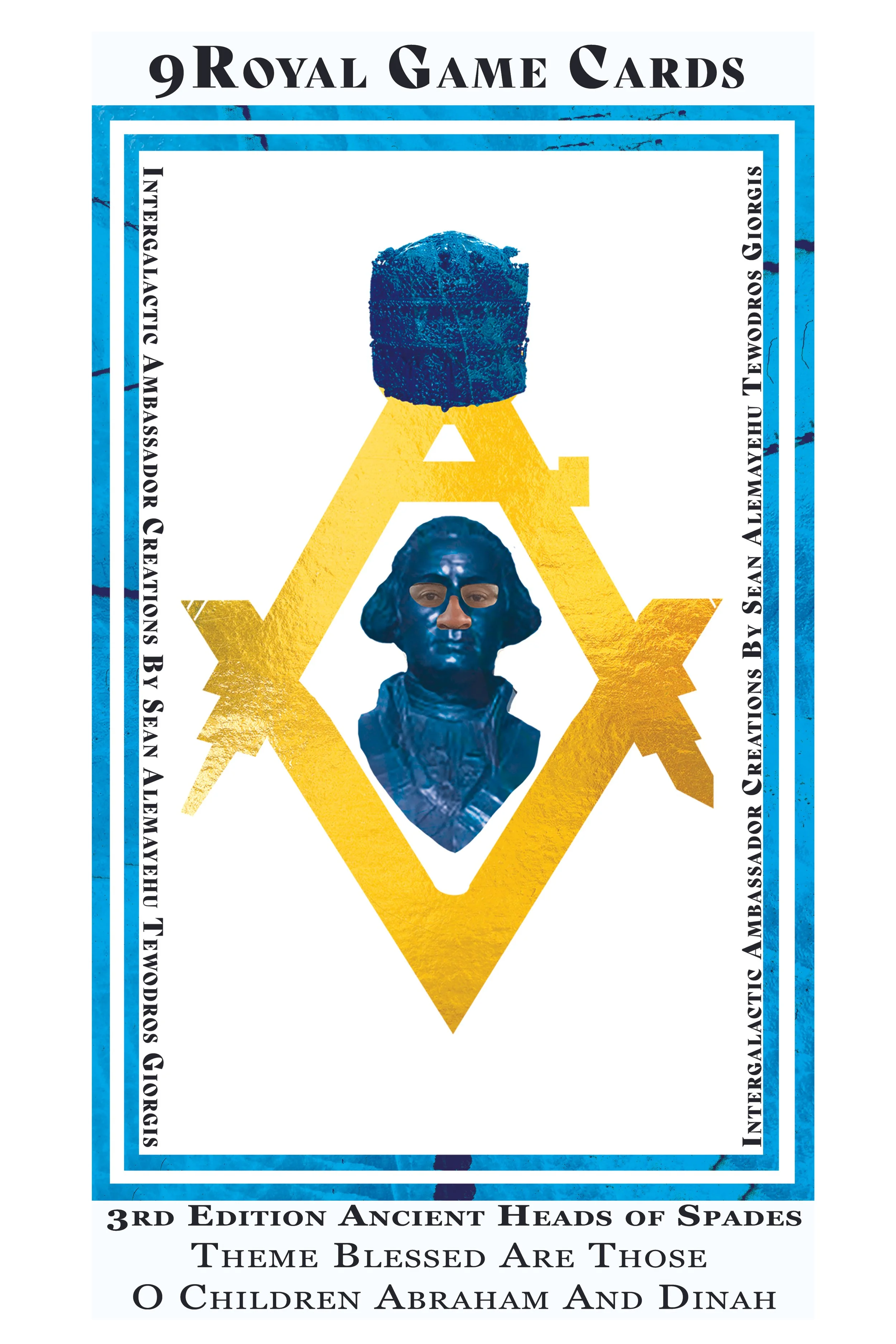 A deck of 9 royal game cards with an illustration of a blue bust of a man with glasses and a large blue stone on top of a yellow arrowhead symbol. The text on the card includes "9 Royal Game Cards" and mentions the 3rd Edition of Ancient Heads of Spades, with themes of blessing and references to biblical figures.
