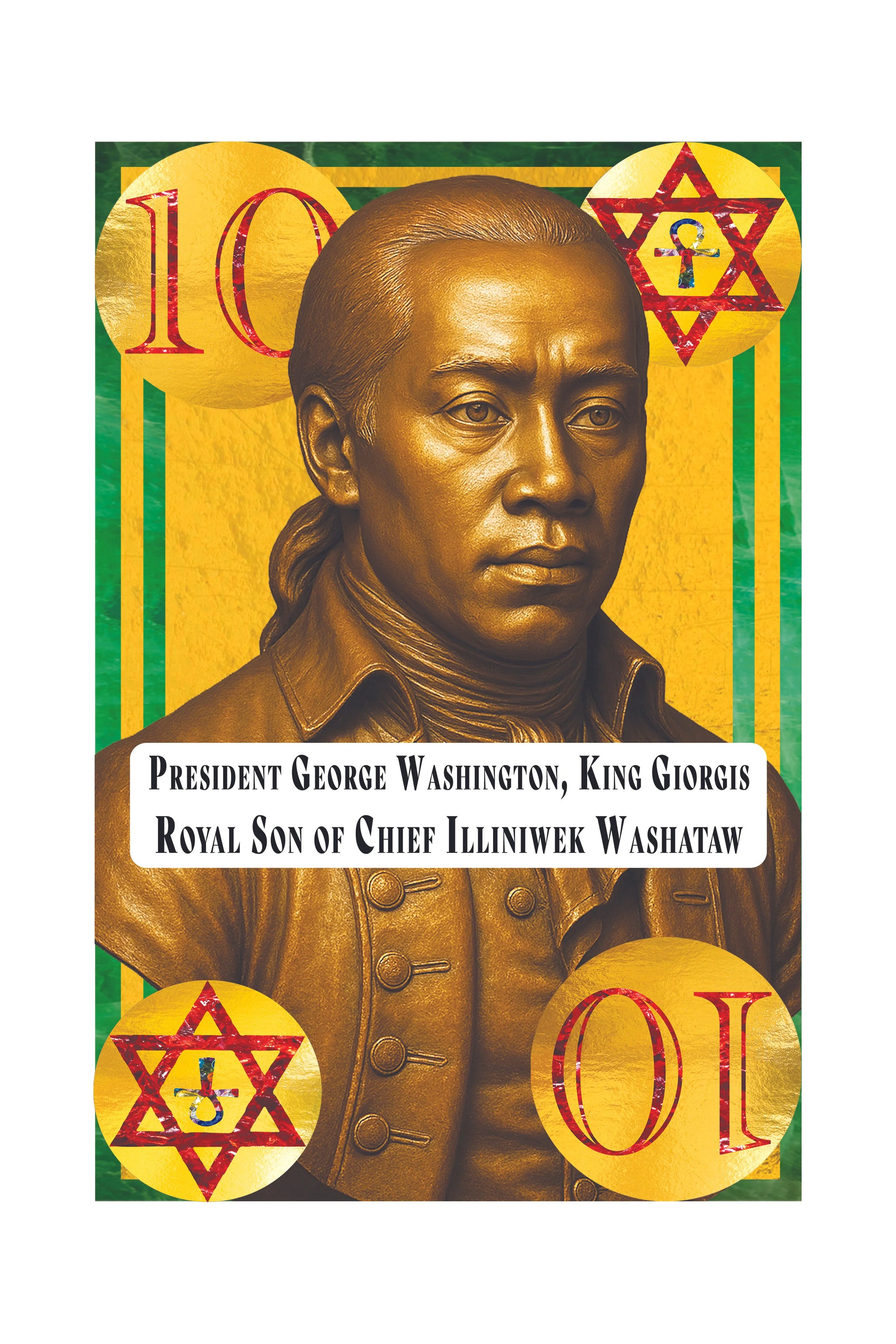 Colorized portrait of King Gorgis, a historical figure, with a background featuring the number 10 and a Star of David with a Hebrew symbol inside.