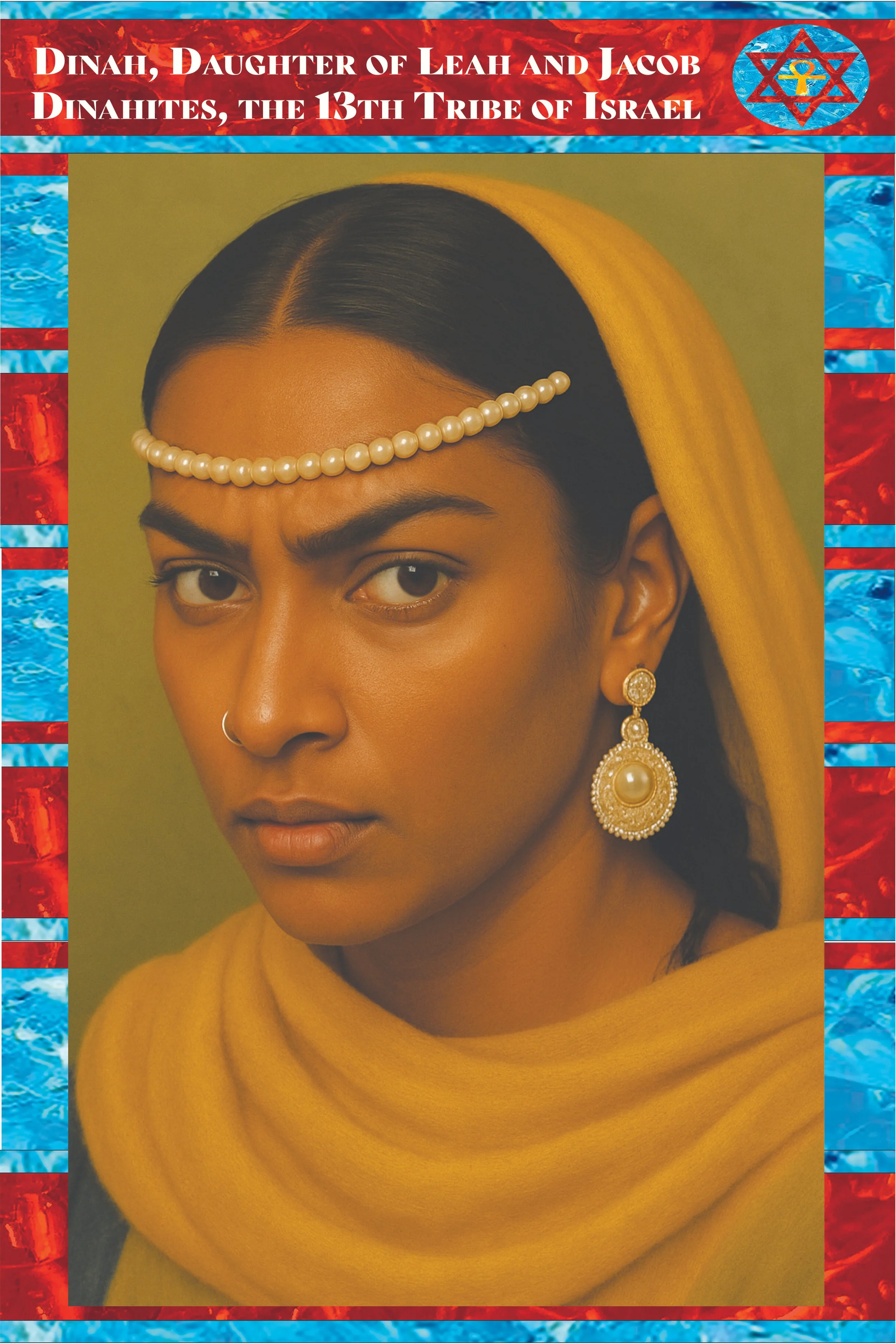 A woman with dark hair styled back, wearing pearl jewelry, a mustard yellow headscarf, and matching clothing, with an ornate earring visible. The image has a decorative border featuring red, blue, and water-themed patterns, and a banner at the top th