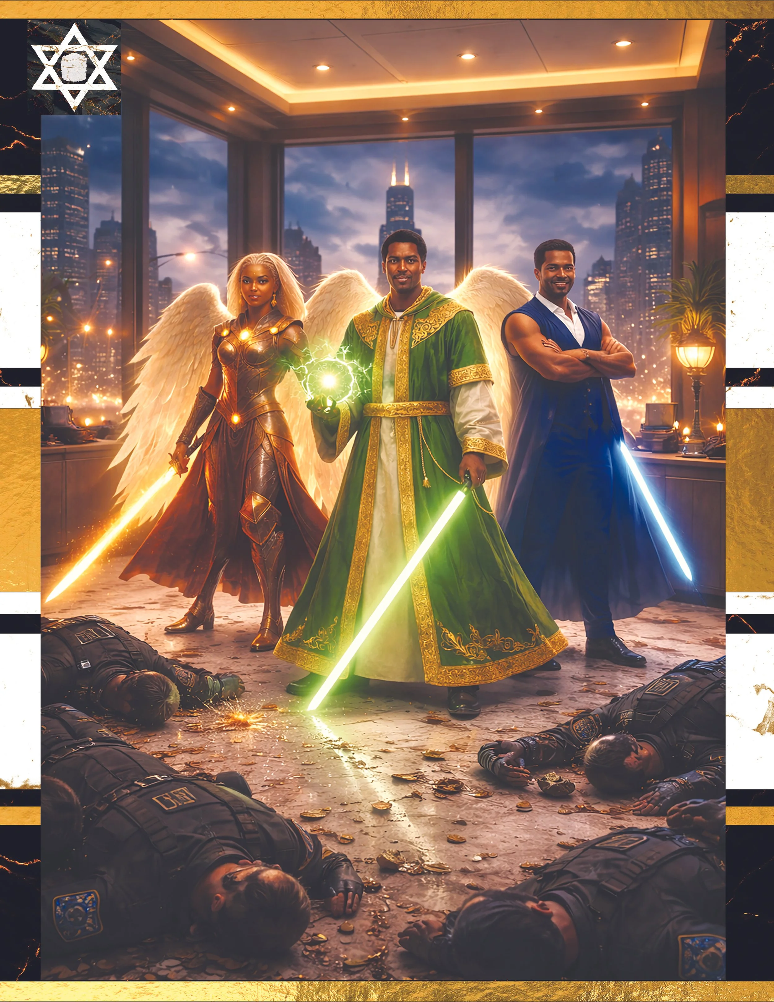 A fantasy scene featuring a man with angel wings dressed in green and gold, holding a glowing green lightsaber, flanked by a woman with angel wings in armor and a man in a sleeveless vest with a glowing blue sword, standing in a modern room with larg