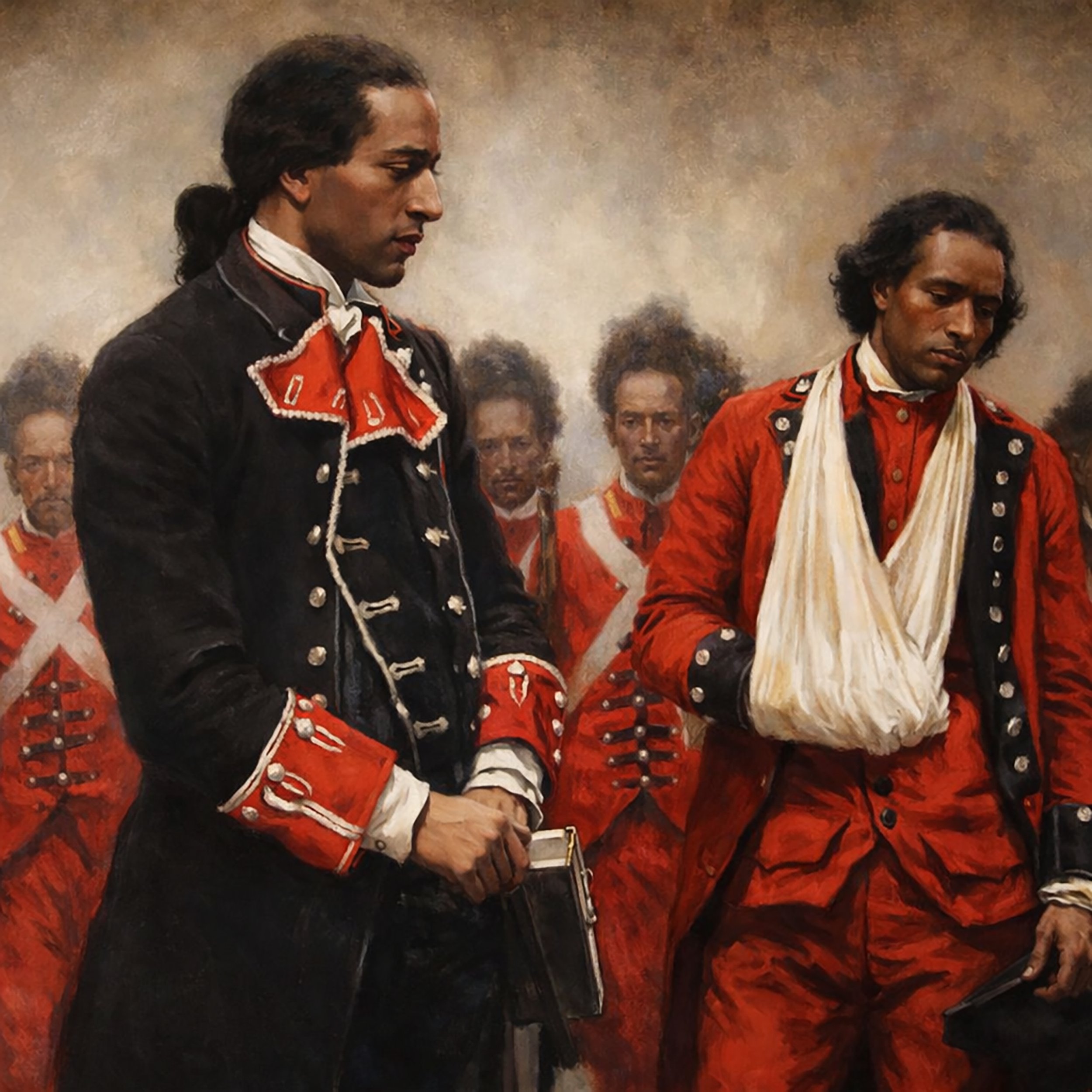 Painting of soldiers in red and black uniforms in a historical scene with two main soldiers in the front and several soldiers in the background.