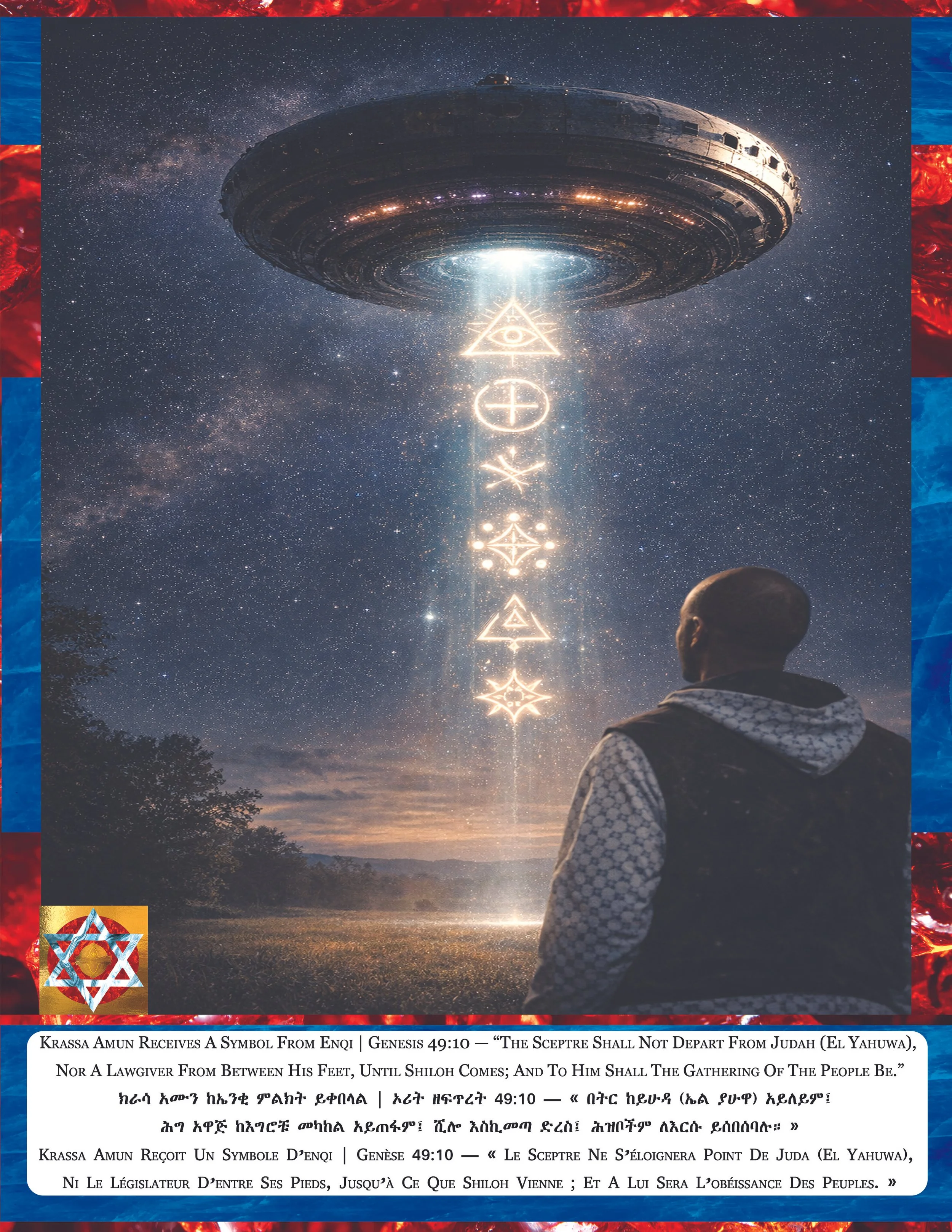 A man standing outdoors at night gazing at a large UFO hovering in the starry sky. Below the UFO, glowing symbolic lights form a vertical pattern with geometric shapes and an eye at the top. The scene is celestial with trees visible at the horizon an