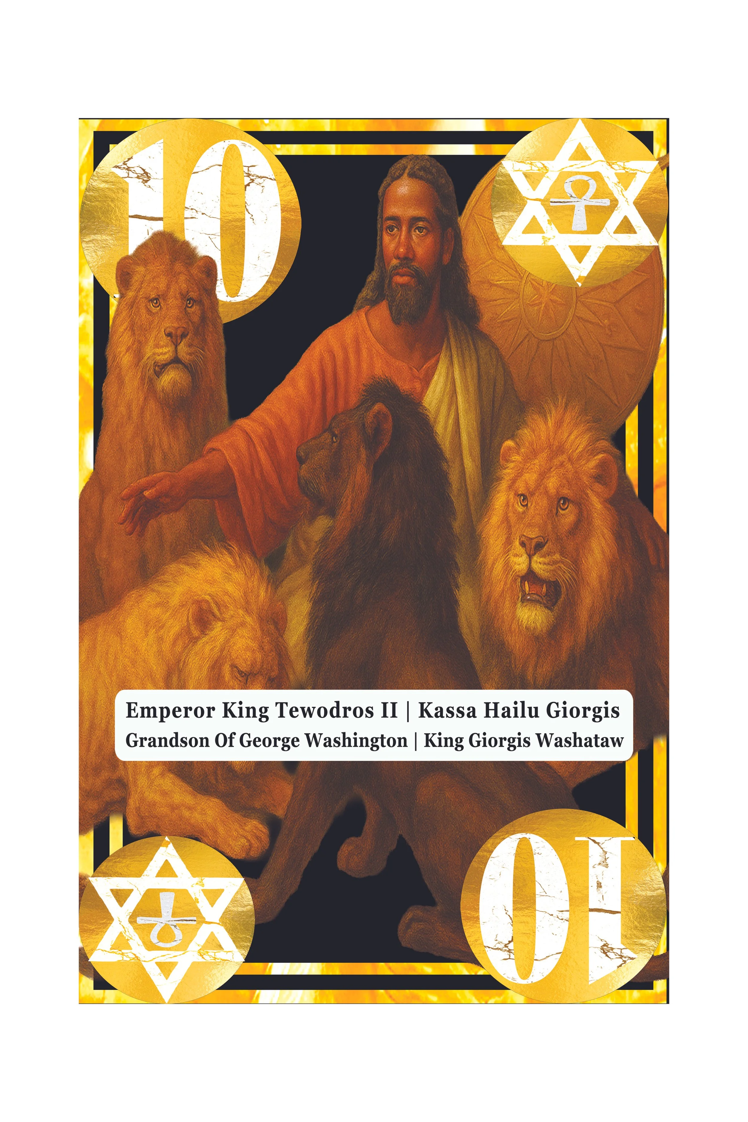 An illustration of a biblical scene featuring Jesus with a background of lions, a large star of David with an anchor symbol inside, and the number 10 in gold circles. There is a white text overlay with names and titles related to King Gorgis Washata.