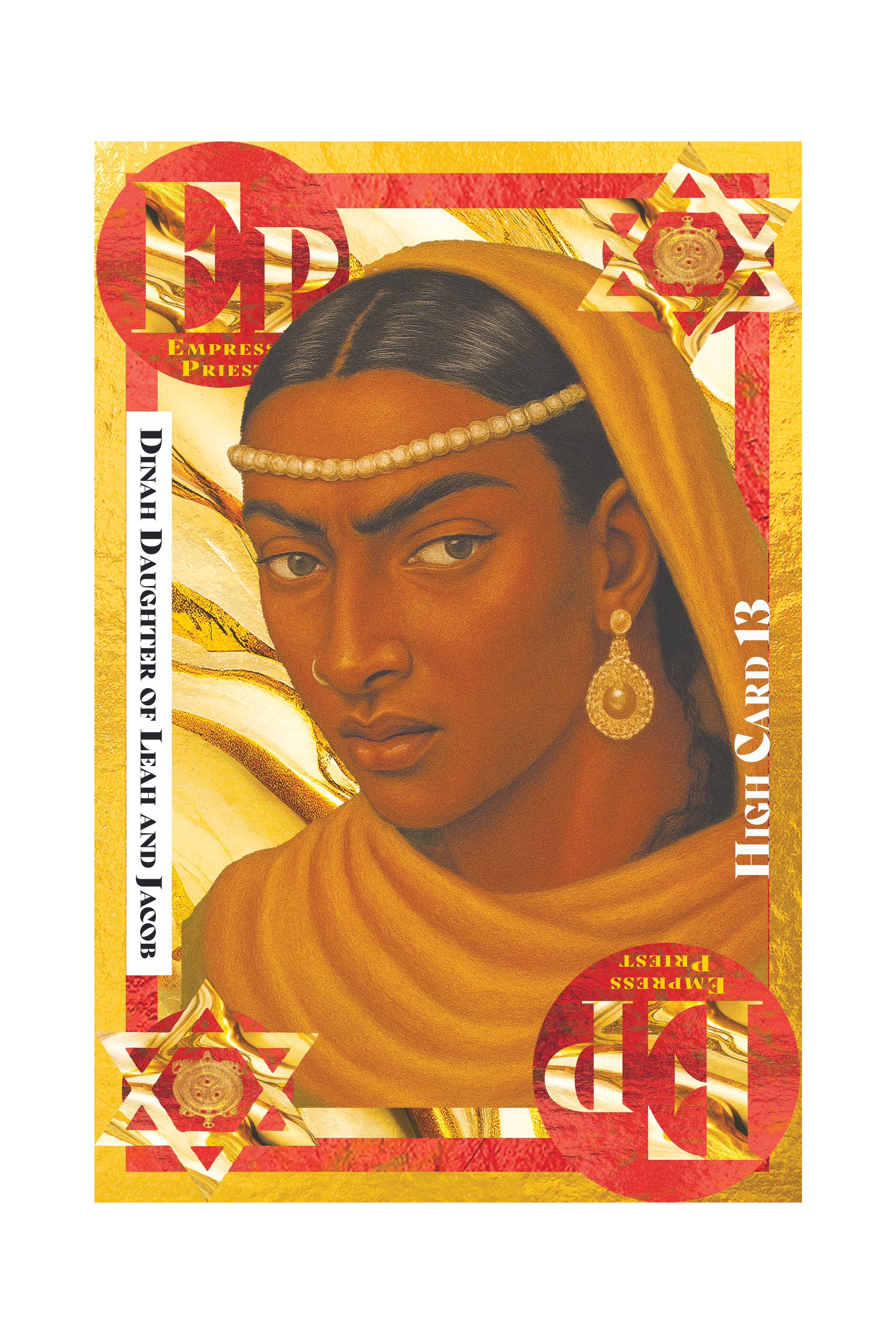 Close-up of a woman with dark hair, wearing earrings and a pearl headband, wrapped in a yellow scarf, with a background of a graphic design featuring red and gold elements and the text "Empress" and "Queen of Leaf and Jacob".