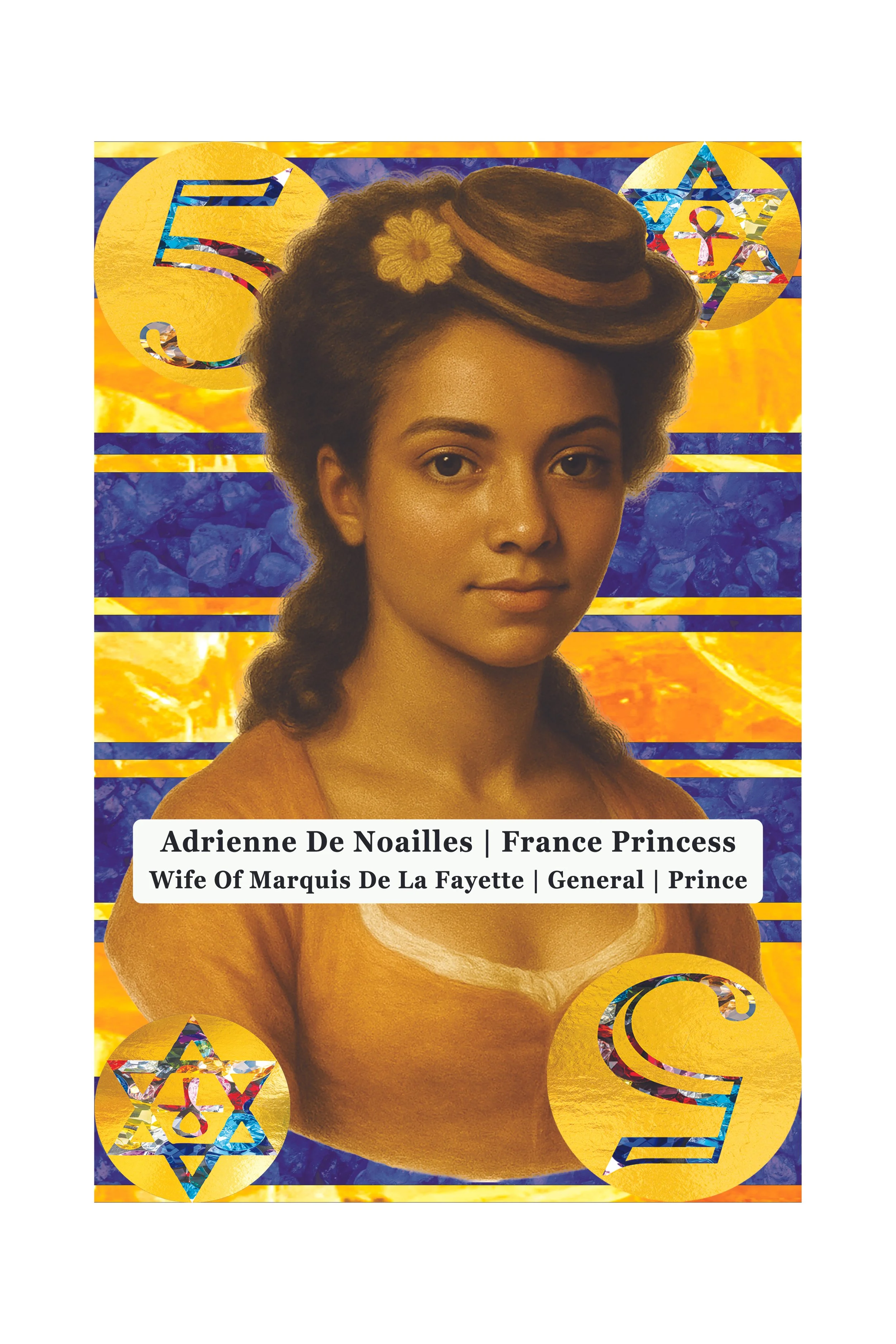The image features a stylized portrait of a woman with a textured hairstyle adorned with a yellow flower, set against a vibrant background with circular graphics that include the number '5' and Star of David symbols. The overlay text identifies her a