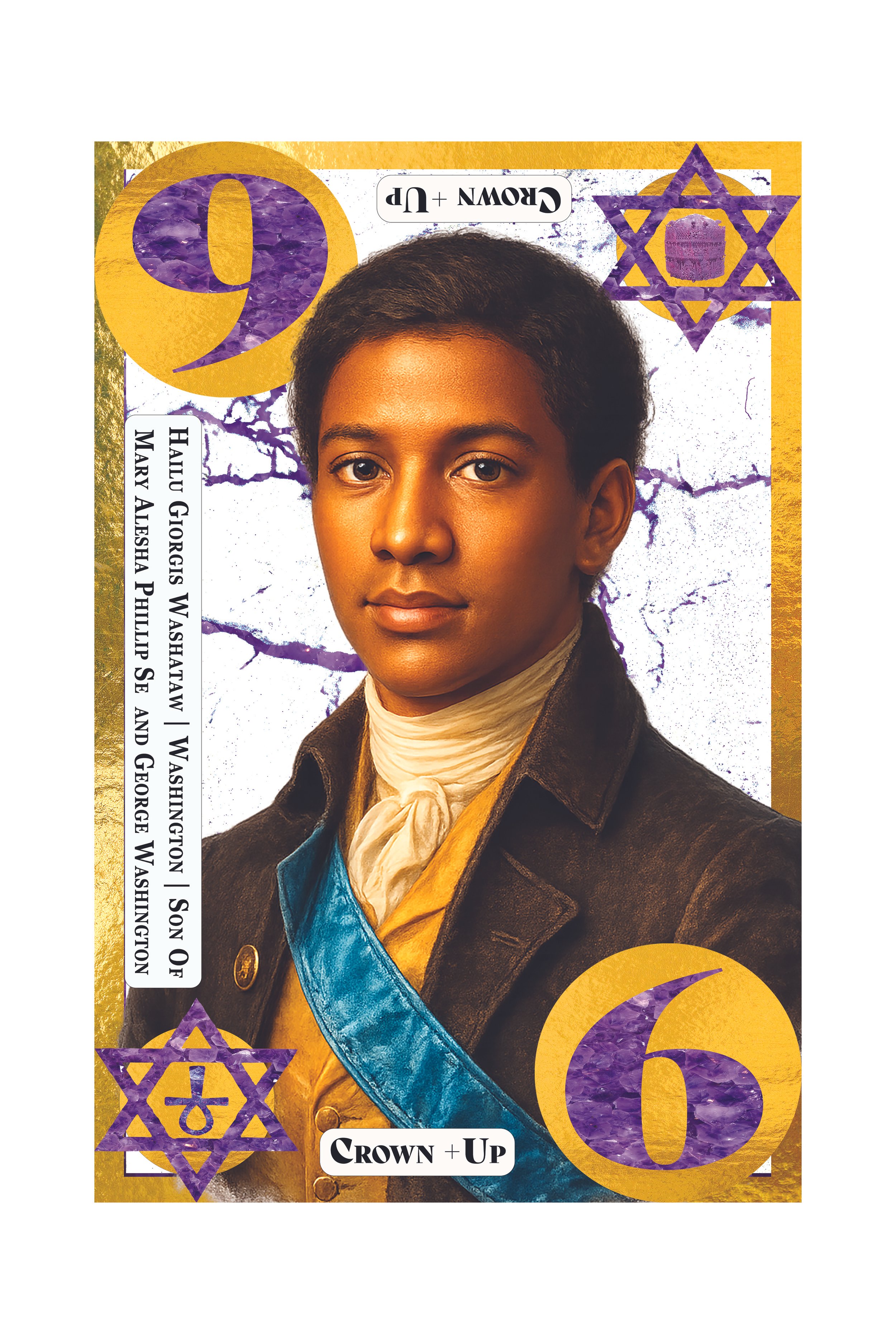 A carnival-style 6-dollar bill featuring a woman with short hair, dressed in historical clothing with a blue sash, gold jacket, and beige neck scarf. The design includes purple and gold stars, crackled background, and the words 'Crowd + Up' and 'Crow