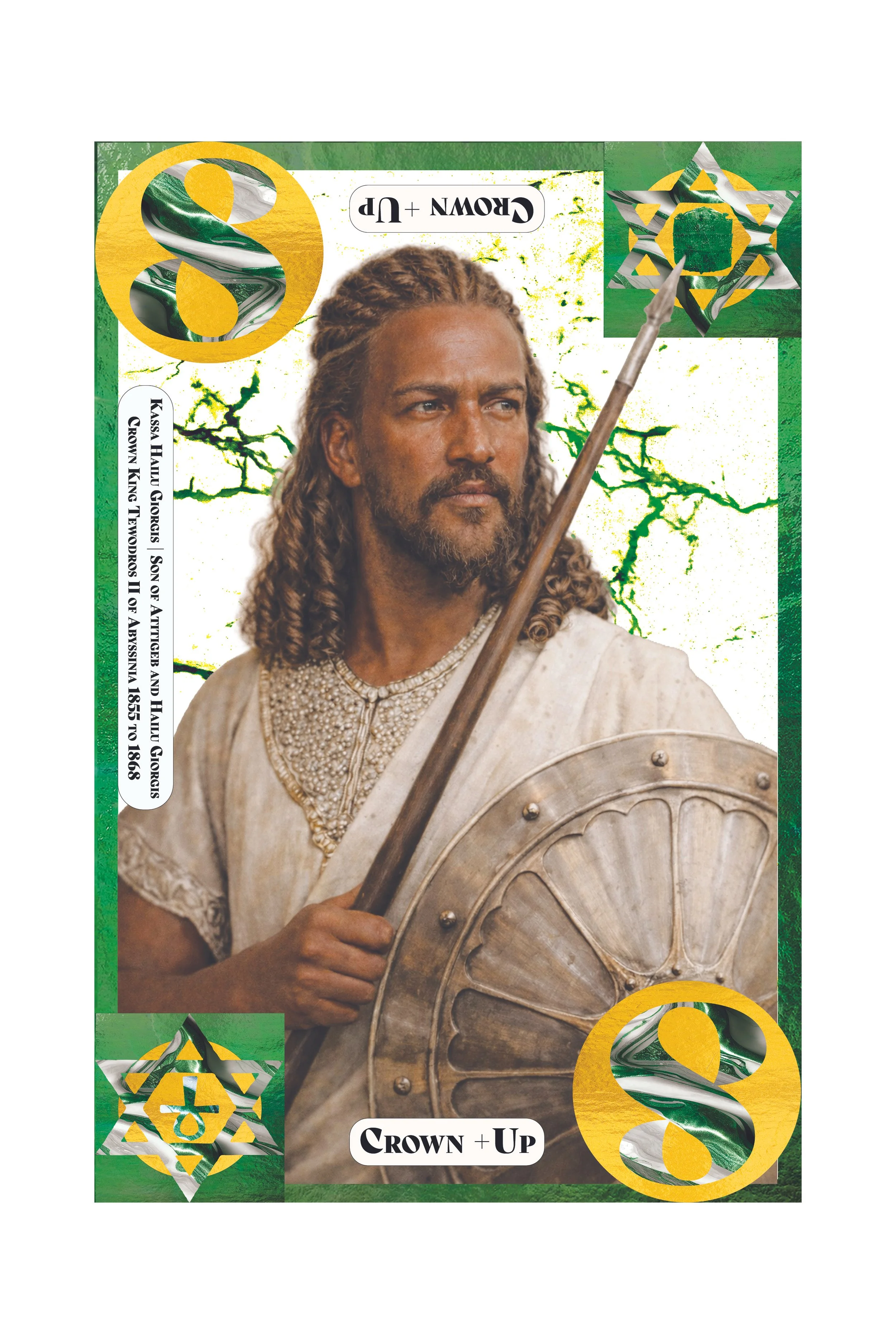 A figure dressed as a biblical soldier holding a spear and shield, with green and yellow design elements, including stylized geometric patterns and text reading "Crown Up" and decorative symbols.