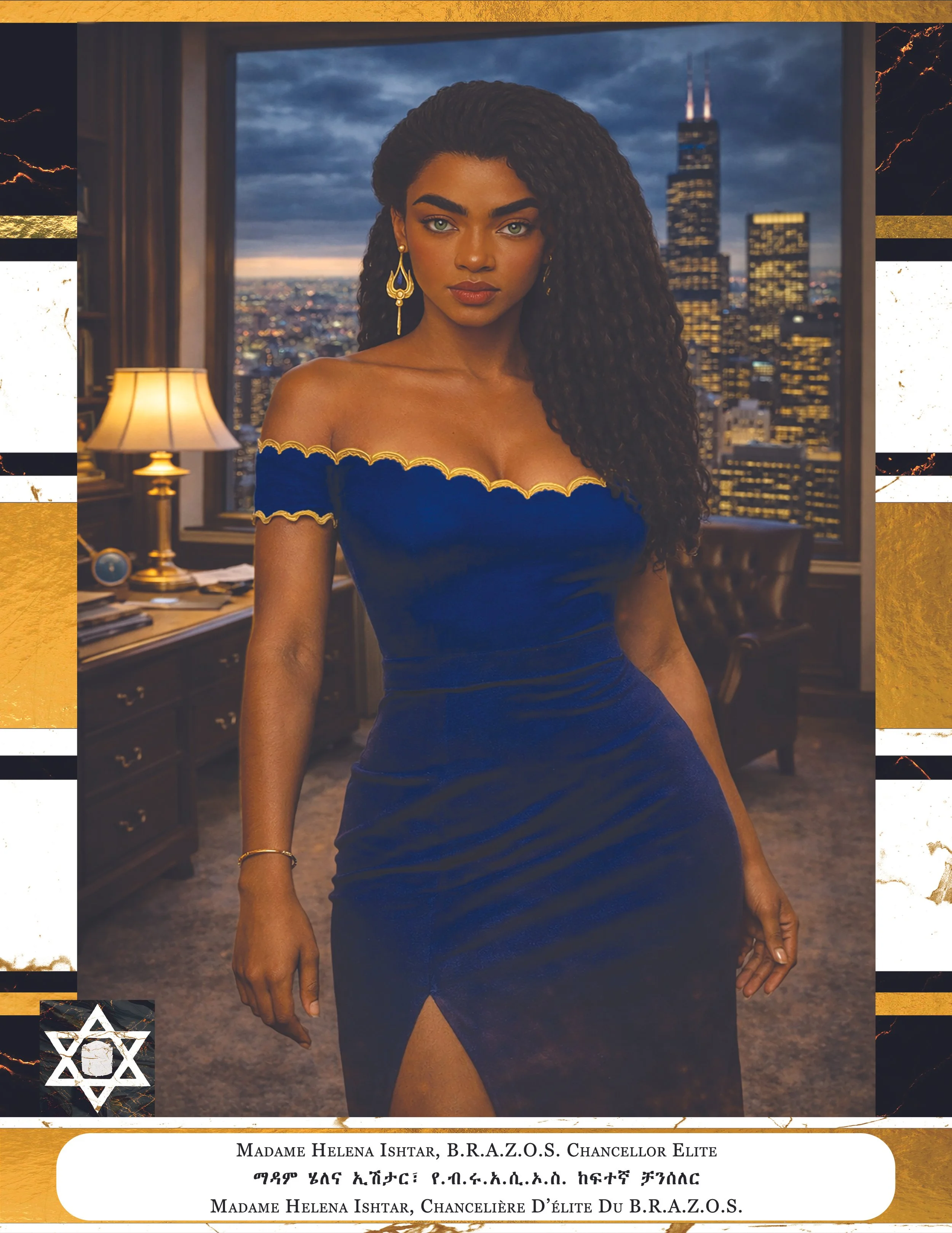 Madame Helena Ishtar, B.R.A.Z.O.S. Chancellor Elite, dressed in a blue off-shoulder gown with gold embellishments, stands in a high-rise room with a city skyline and tall buildings visible through the window at dusk.