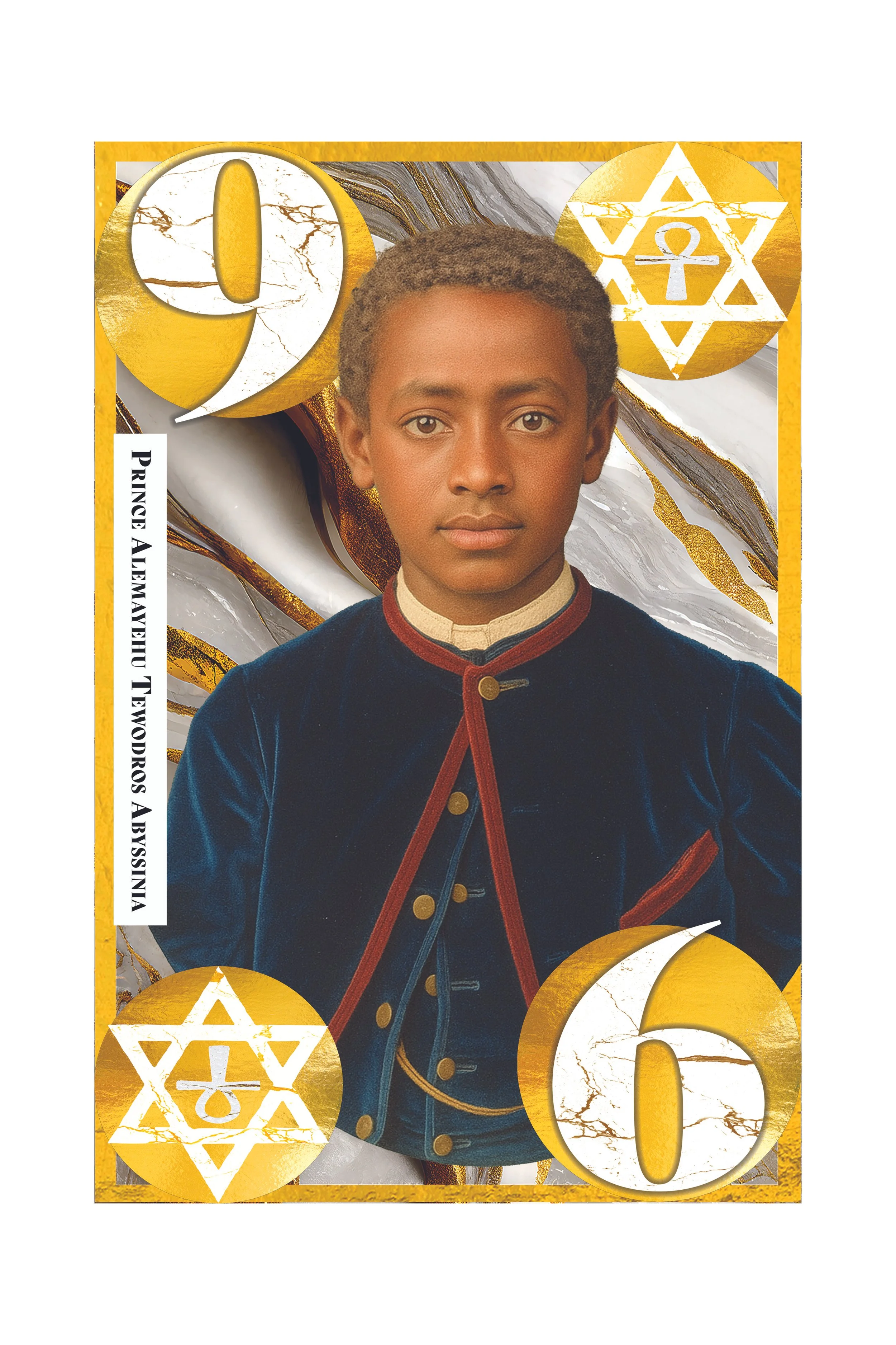 A young man in a historical costume, with gold and white decorative elements and large numbered design, possibly part of a magazine cover or poster.