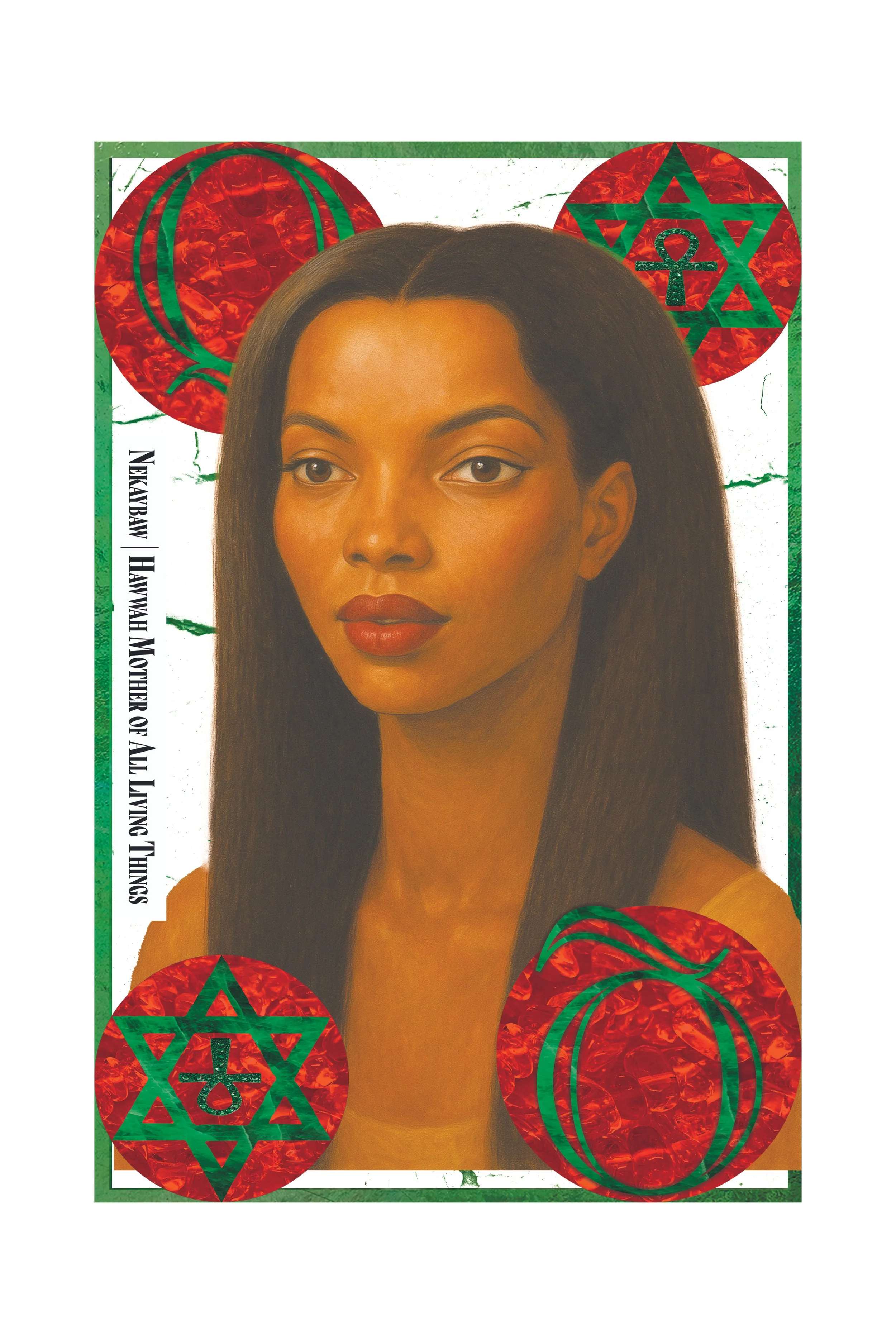 A portrait of a woman with long dark hair, brown eyes, and red lipstick, framed by stylized Moroccan symbols and patterns in red and green.
