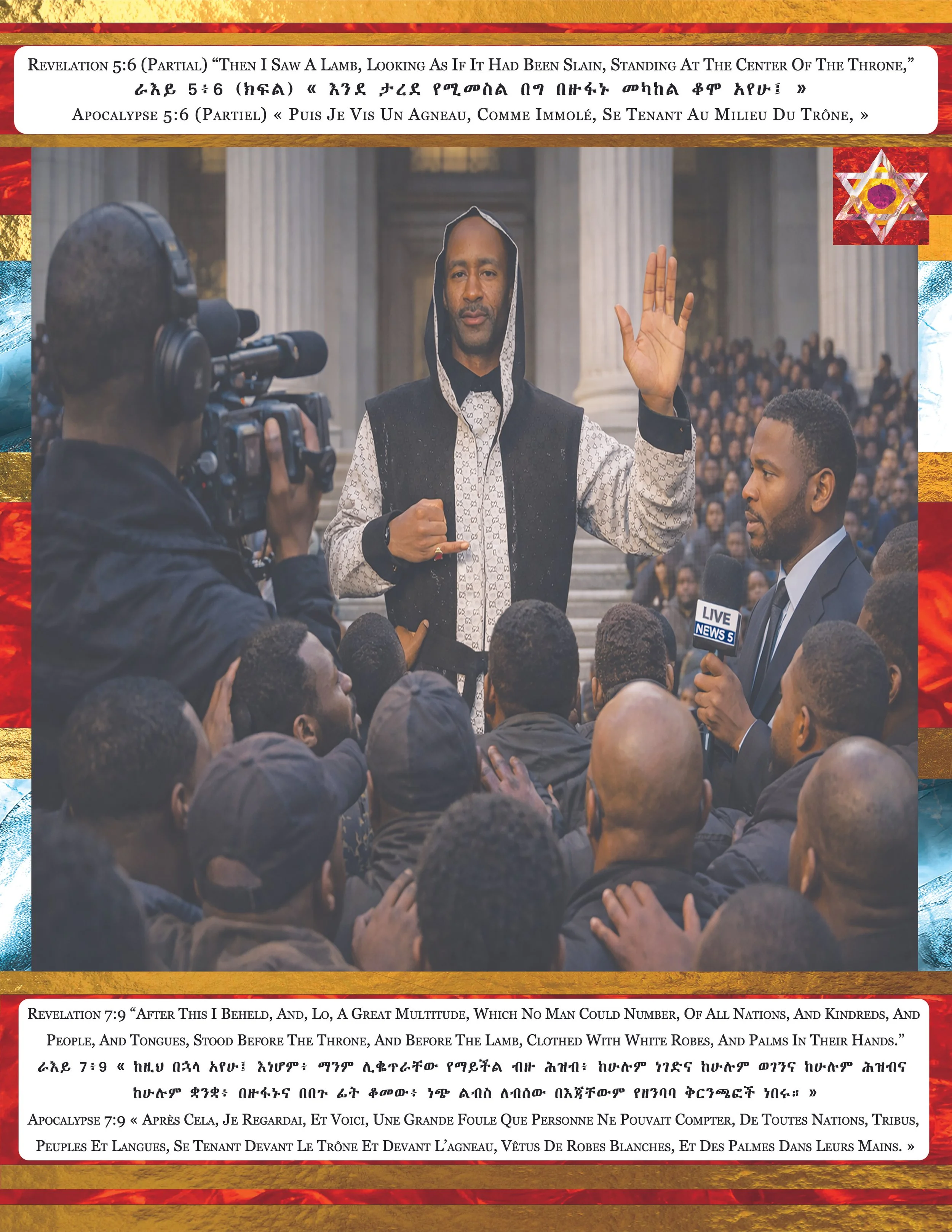 A man dressed in a patterned shirt and vest stands with his right hand raised, speaking to a crowd outdoors in front of large columns. A cameraman films him, and a man with a microphone labeled 'Live News 5' listens attentively. The scene appears to 