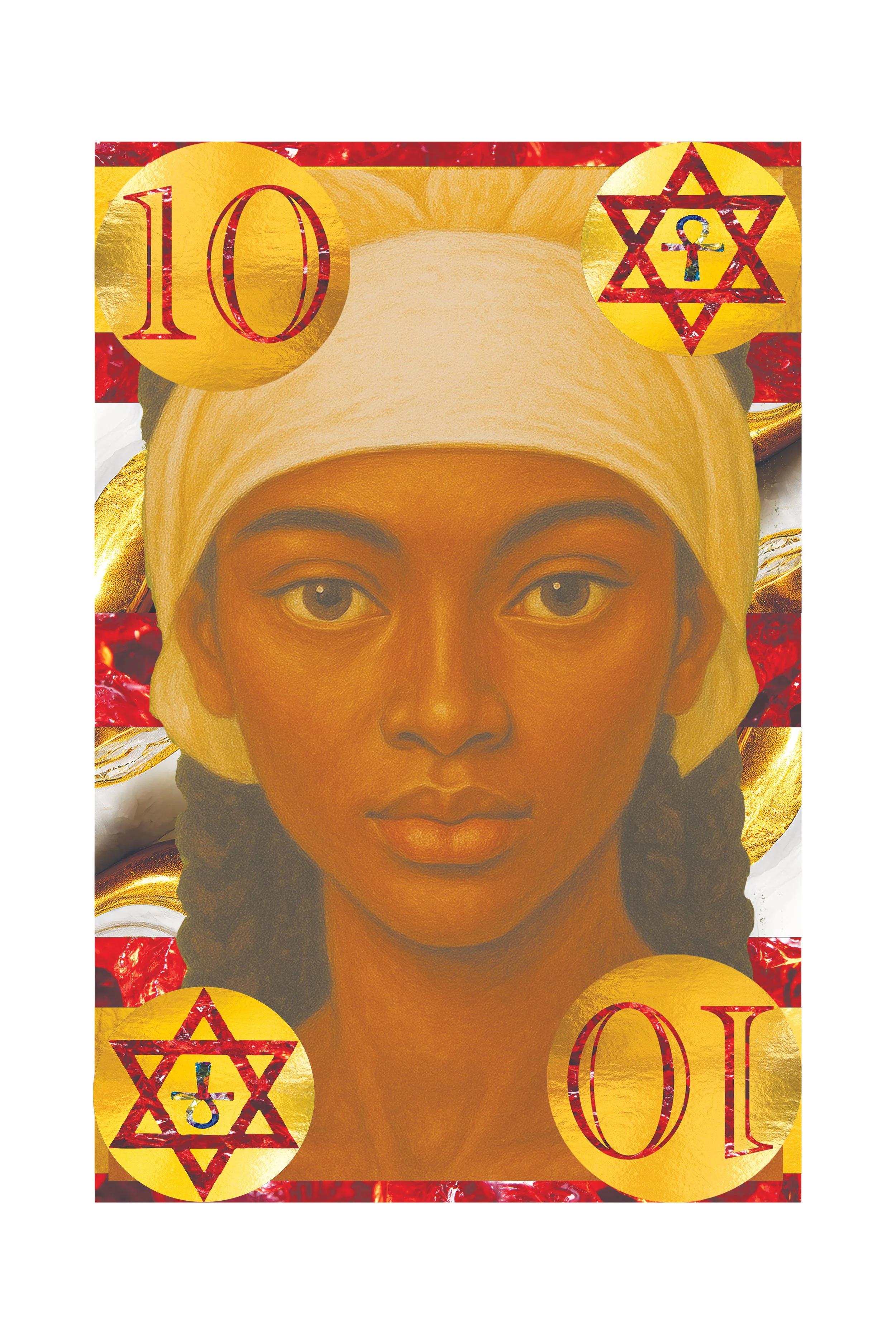Close-up of a woman's face with a gold headwrap, surrounded by yellow circles with red stars and the number 10, and red and gold decorative elements.