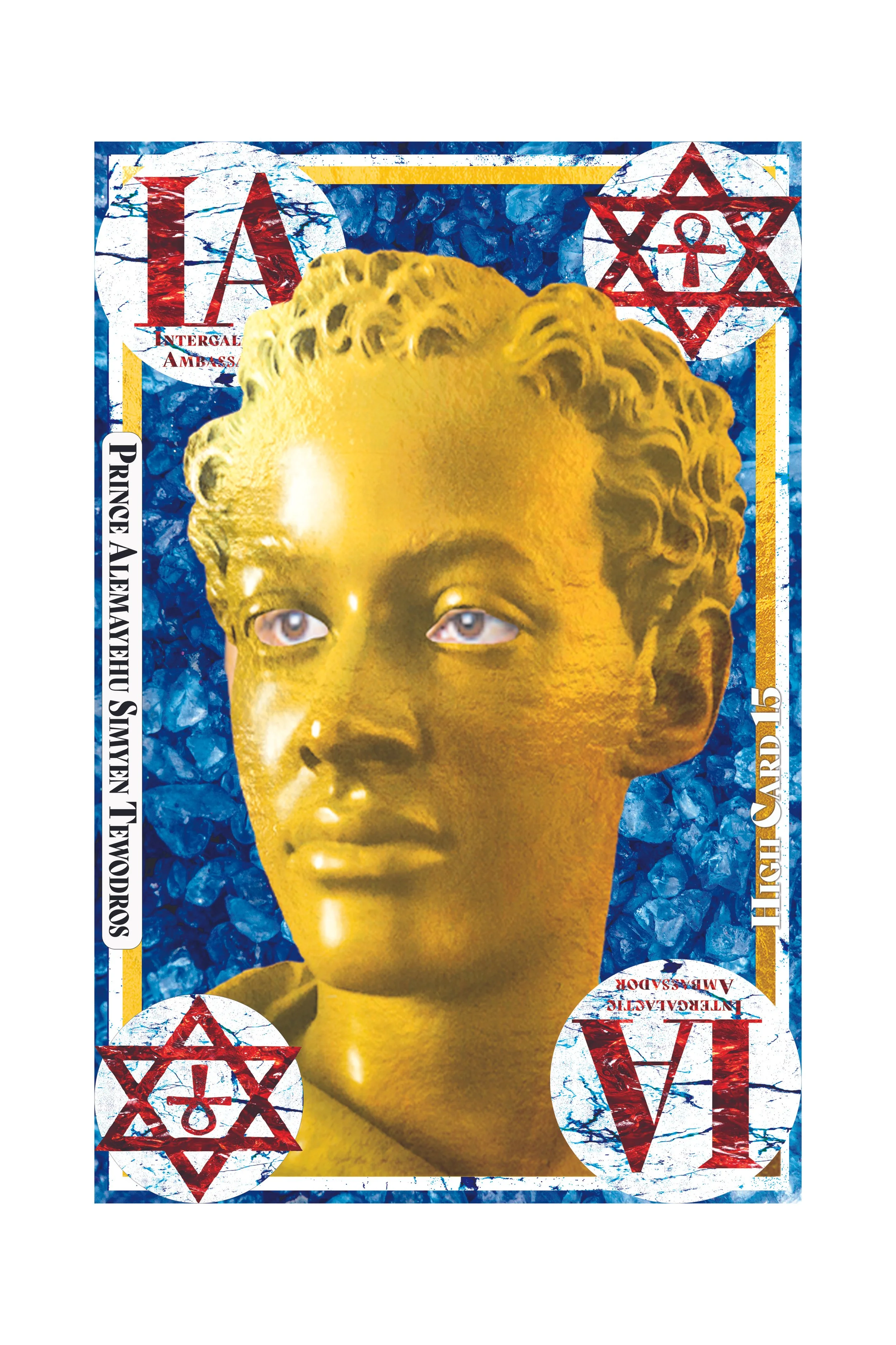 A poster featuring a gold-colored bust of a person with short curly hair and blue eyes, set against a blue textured background with red and white Star of David symbols and text.