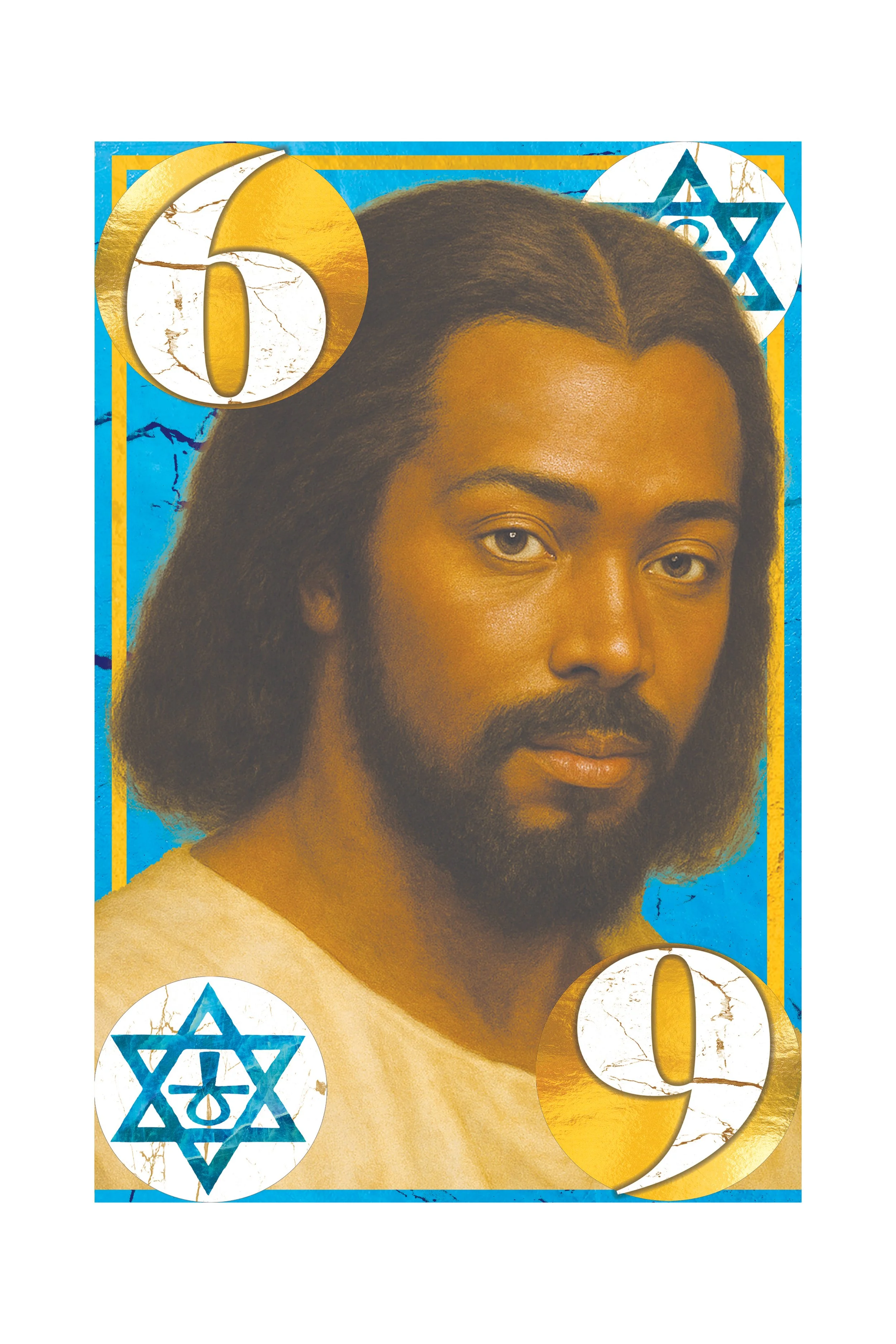 A stylized depiction of a person with long dark hair and a mustache on a banknote design featuring Hebrew symbols and a large number 0 with gold and white coloring.