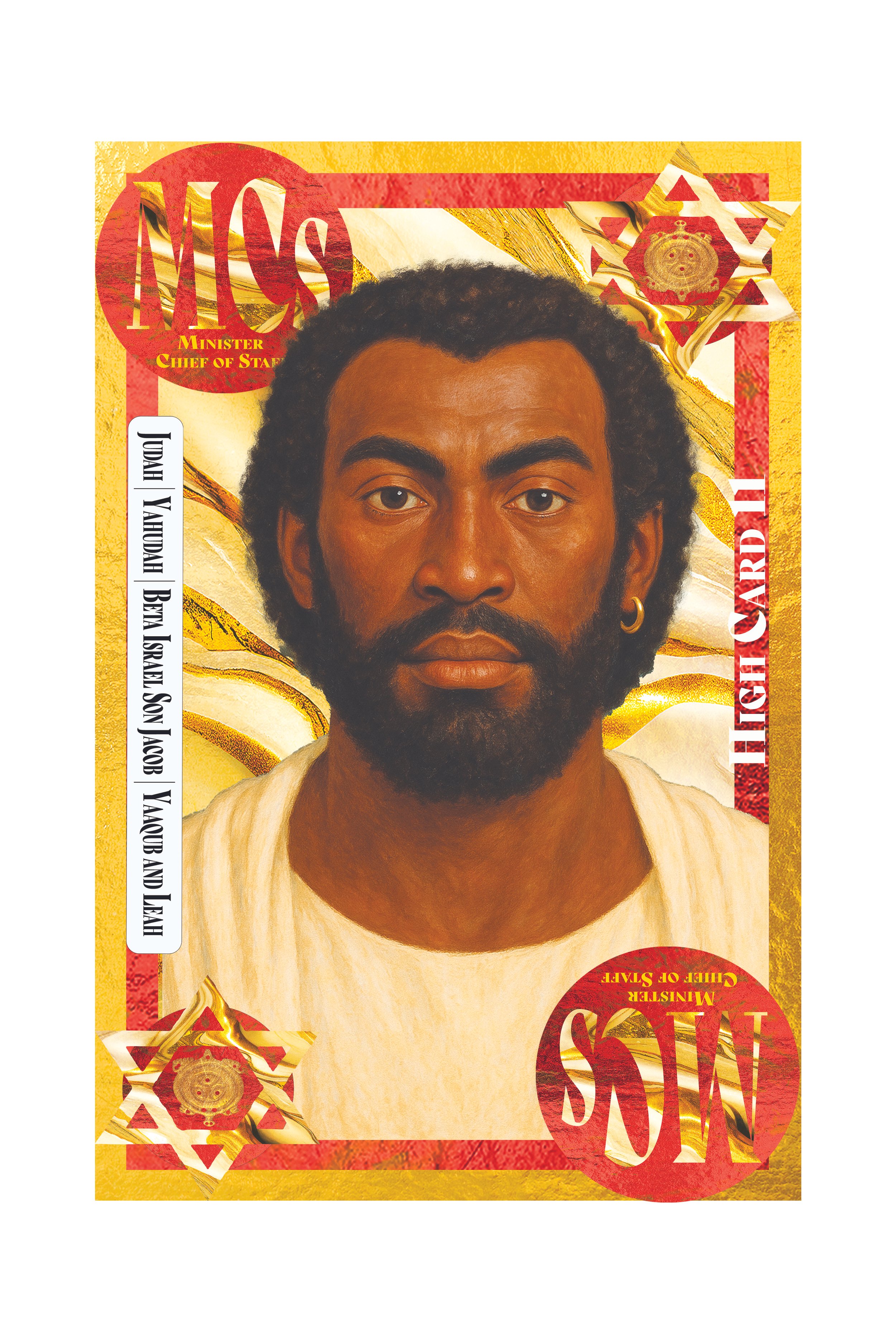 Stylized portrait of a man with curly black hair, beard, and hoop earring, on a colorful background resembling a banknote.