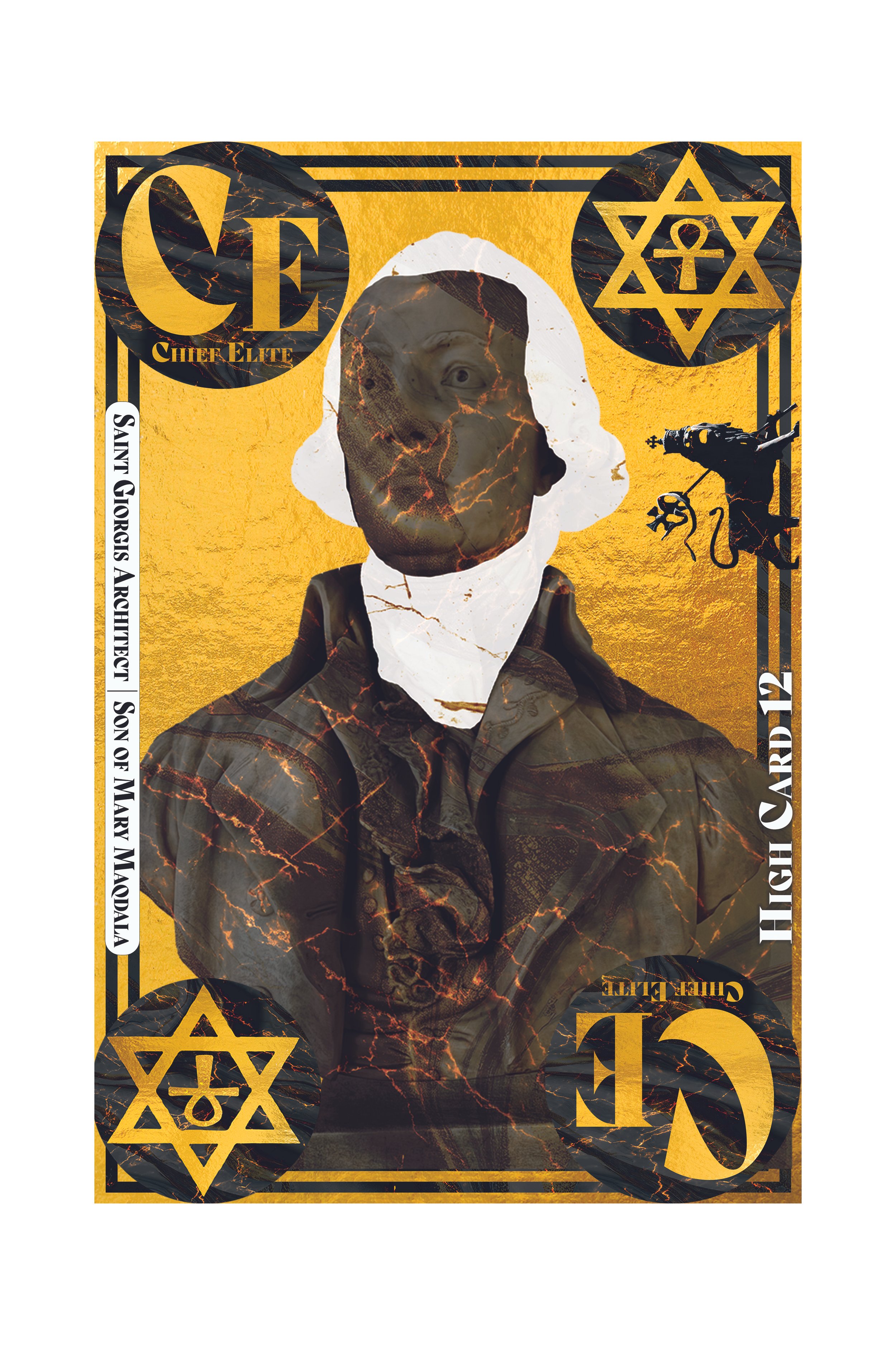 An altered image of a currency note with a person’s face, featuring symbols including a star of David and an anchor, along with the text 'Chief Elite' and other political references.