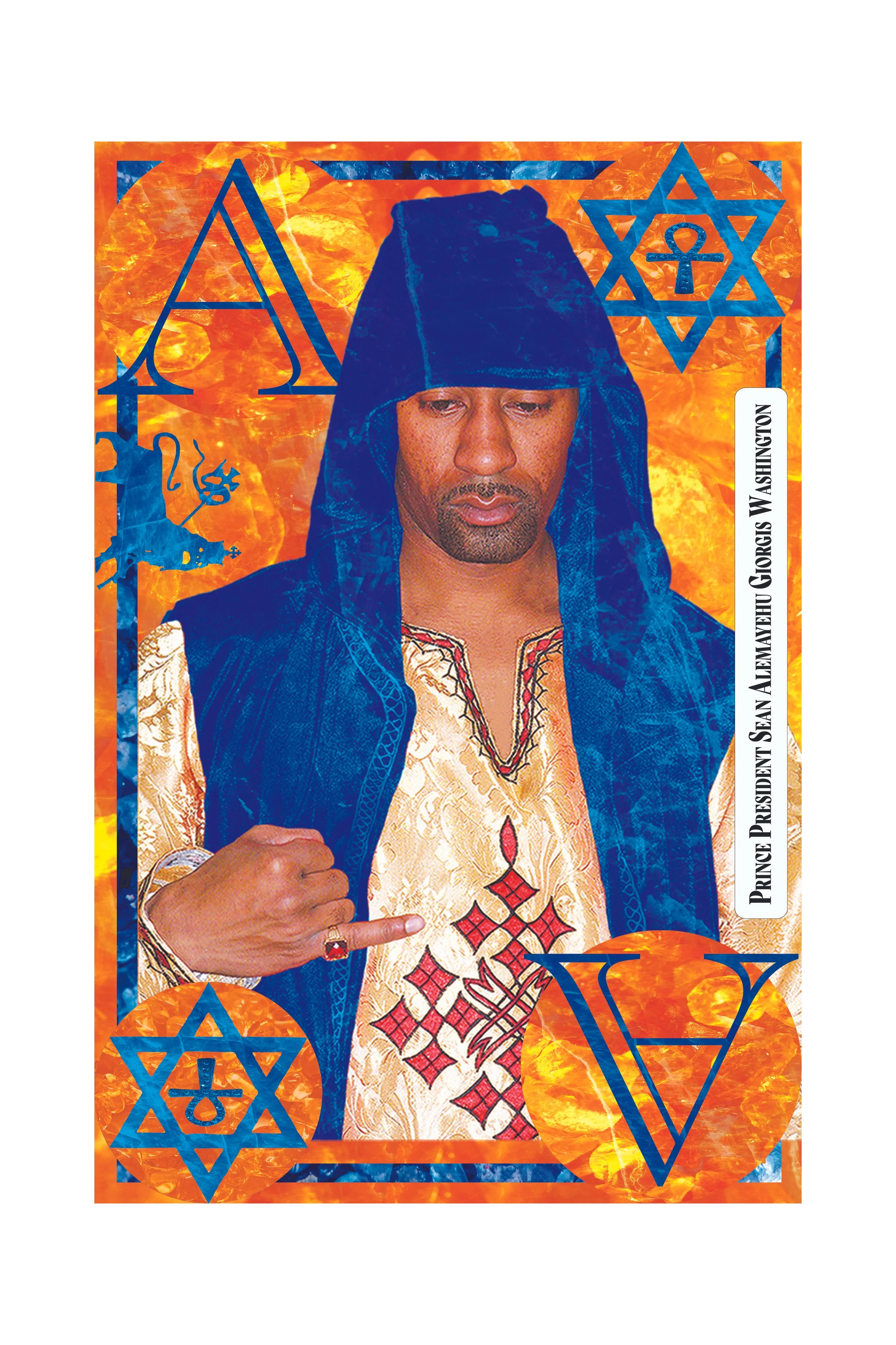 A man dressed in traditional African attire and a head wrap, making a gesture with his hand. The background features orange and yellow flames with blue symbolic designs, including stars and an eagle, alongside a white label with black text saying "PR