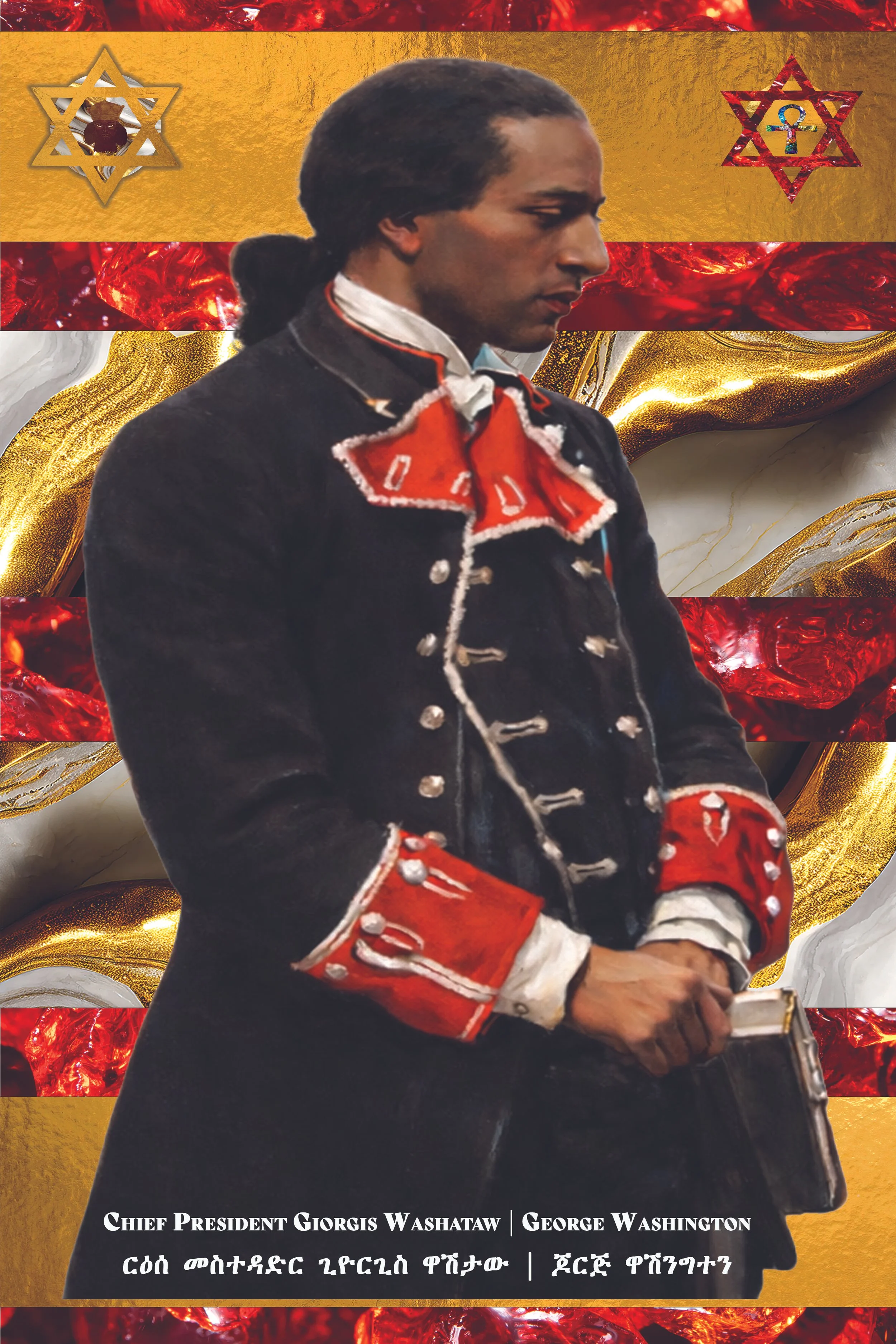 A historical illustration of a man in a 18th-century military uniform with a red and white cravat, standing against a decorative background with gold, red, and white textures and symbols. The text below identifies him as George Washington, with inscr