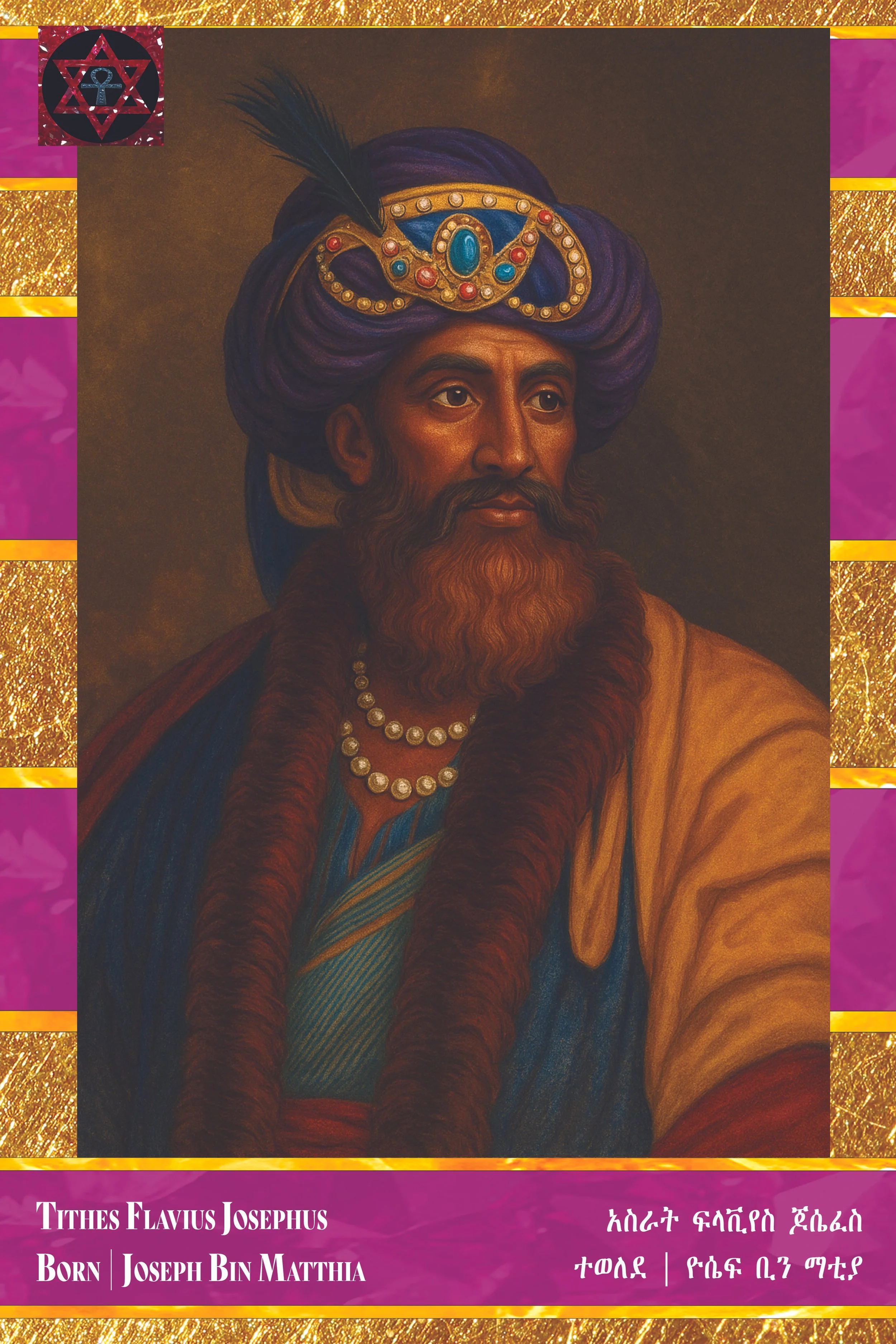 Painting or illustration of Tithes Flavius Josephus, a historical Jewish scholar, wearing a purple turban with a golden crown, a dark purple cape, and a pearl necklace. The portrait includes decorative borders with purple and gold colors, and text in