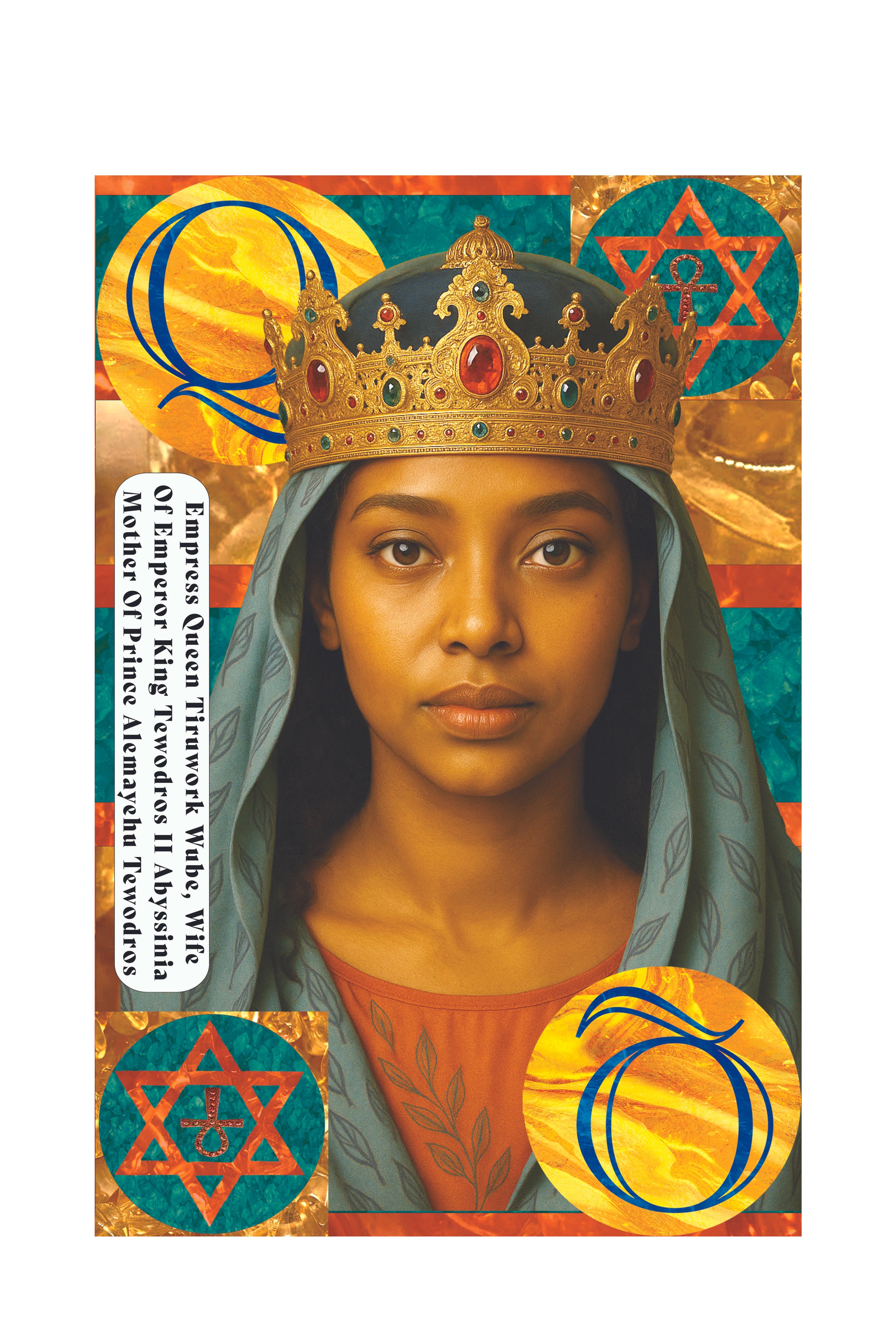 Portrait of a woman wearing a crown, with Hebrew symbols and a background of gold coins, emphasizing themes of monarchy and cultural identity.