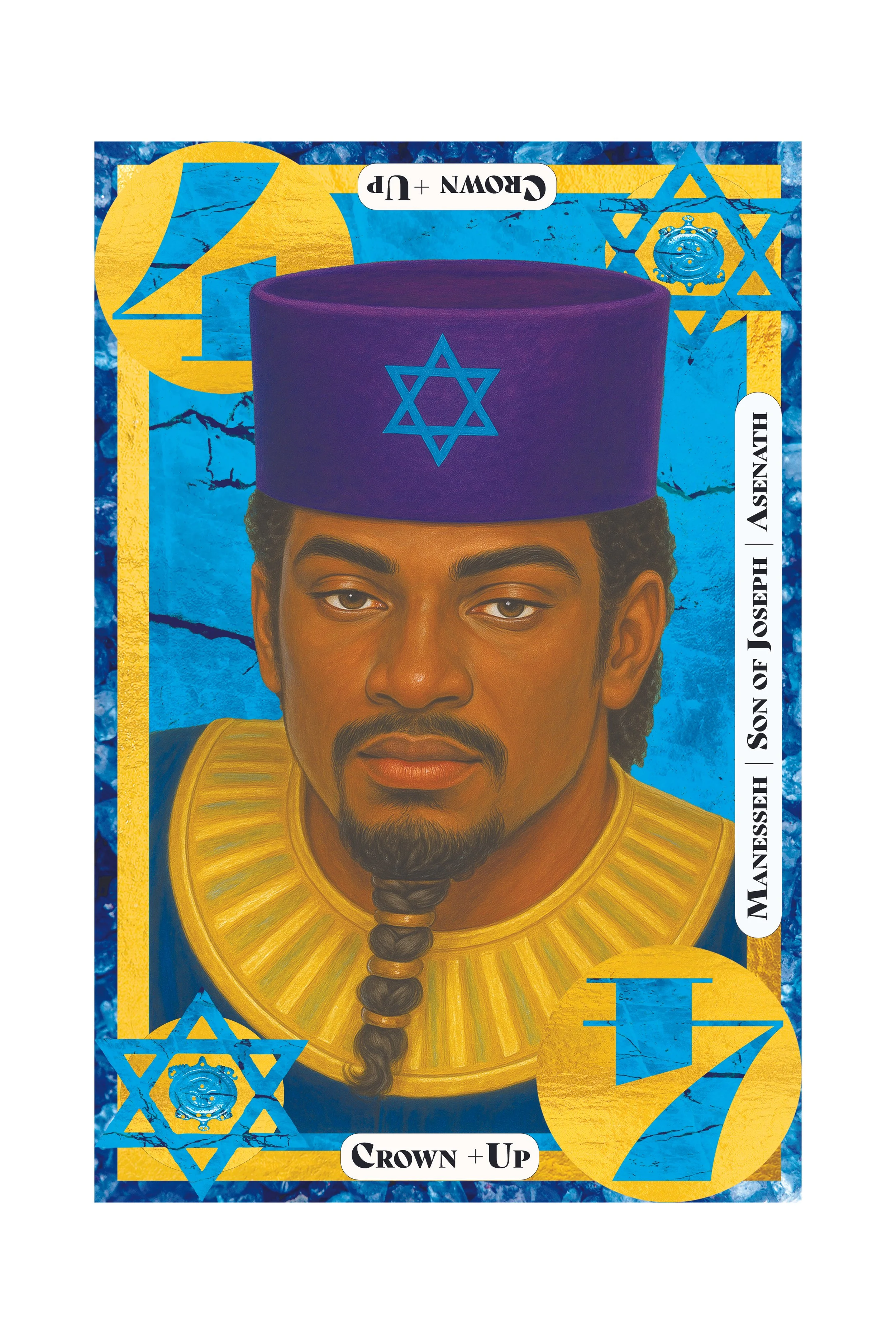 Illustration of a man with dark skin, long braided hair, and a mustache, wearing a purple hat with a Star of David, a gold collar, and a yellow shirt, set against a background of blue, yellow, and textured patterns, with accents of Star of David symb