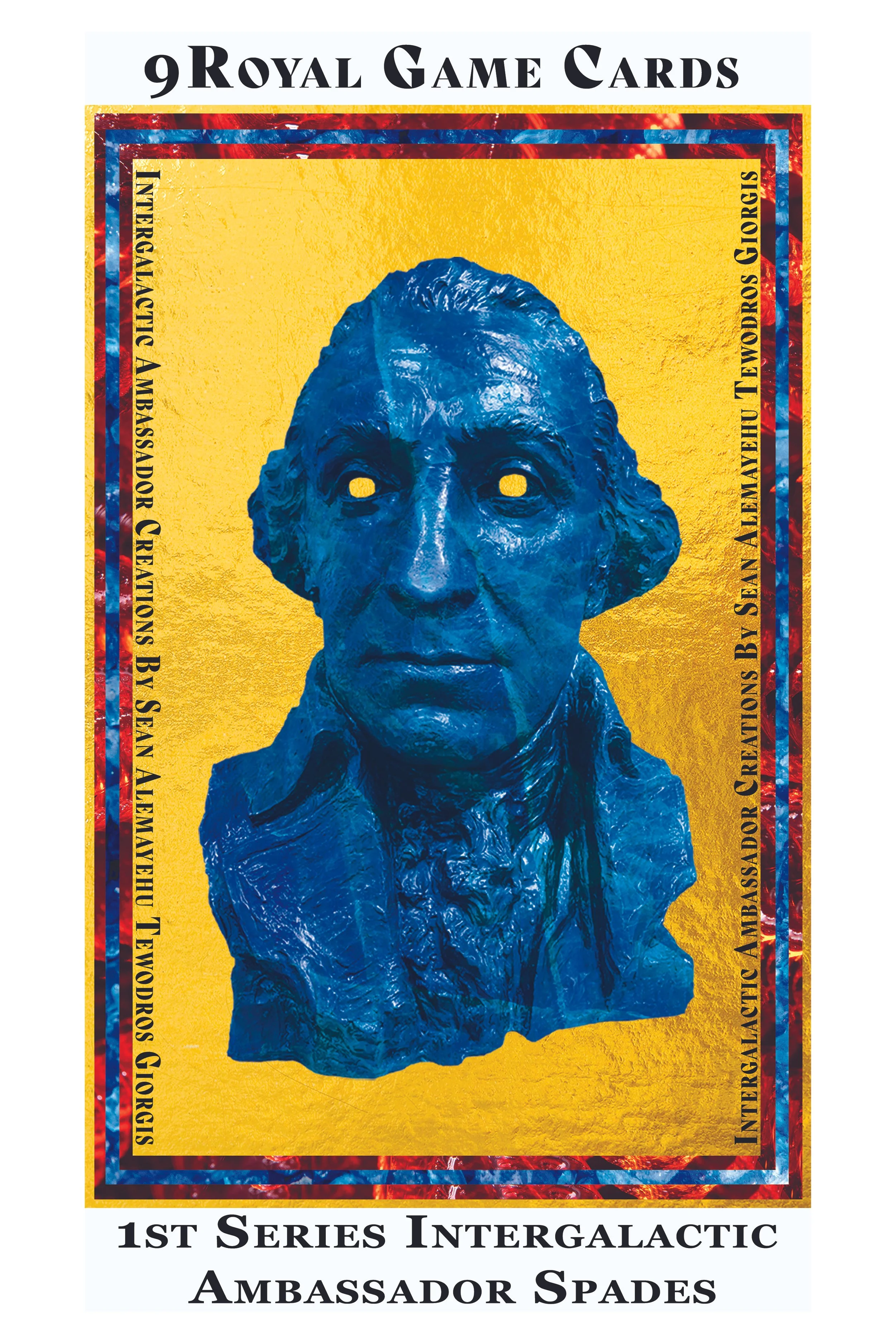 A collector's card featuring a blue bust of a man with long hair and a suit, set against a yellow background. The card has a red, white, and blue border with text indicating it is part of a set of nine royal game cards, with descriptions of intergalactic ambassador Spades and various galactic ambassador descriptions.