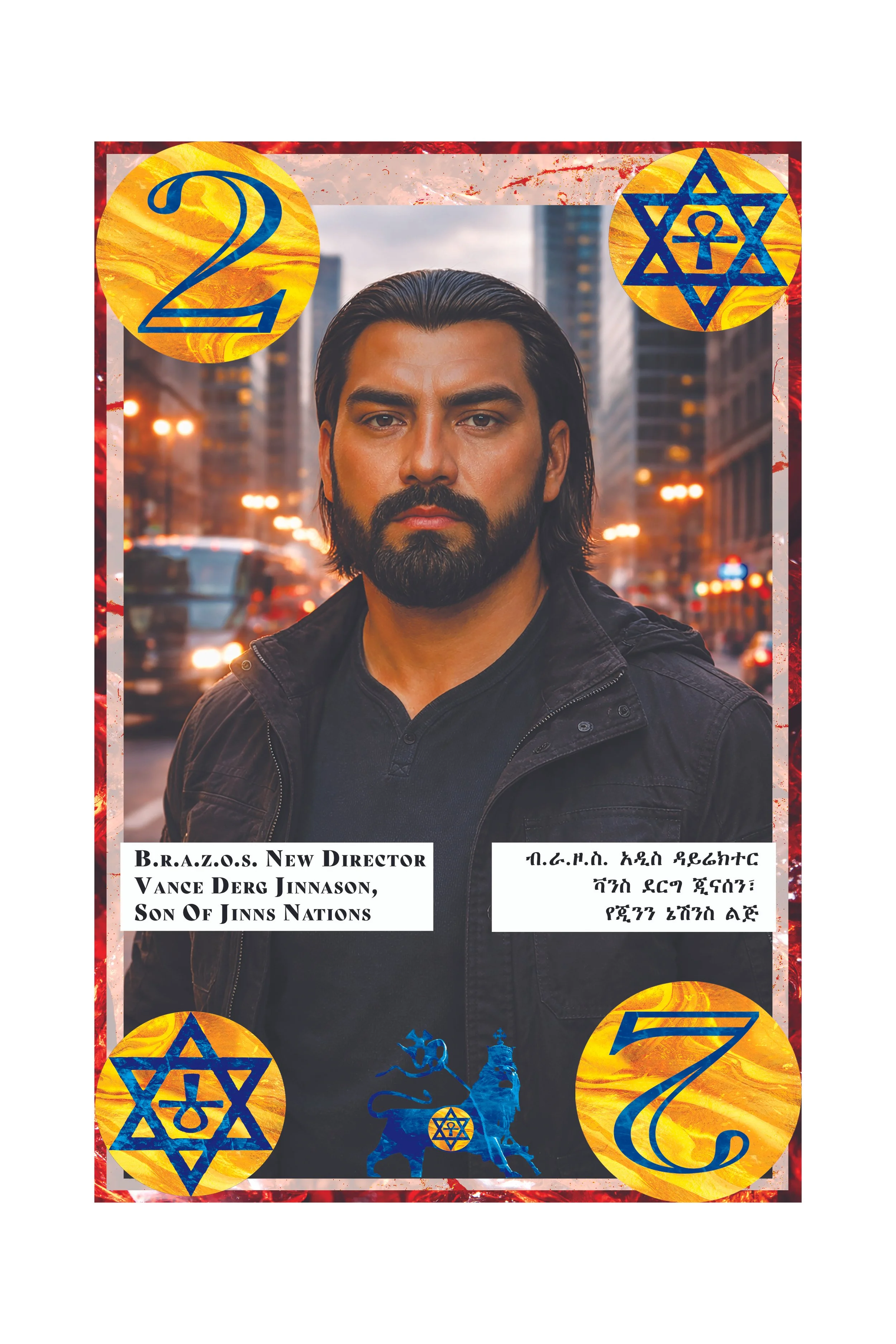 A man with dark hair and a beard, wearing a black jacket, standing on a city street at dusk, surrounded by symbols of the B.R.A.Z.O.S. organization, including a star of David, a lion, and the number 7, with text in English and another language.