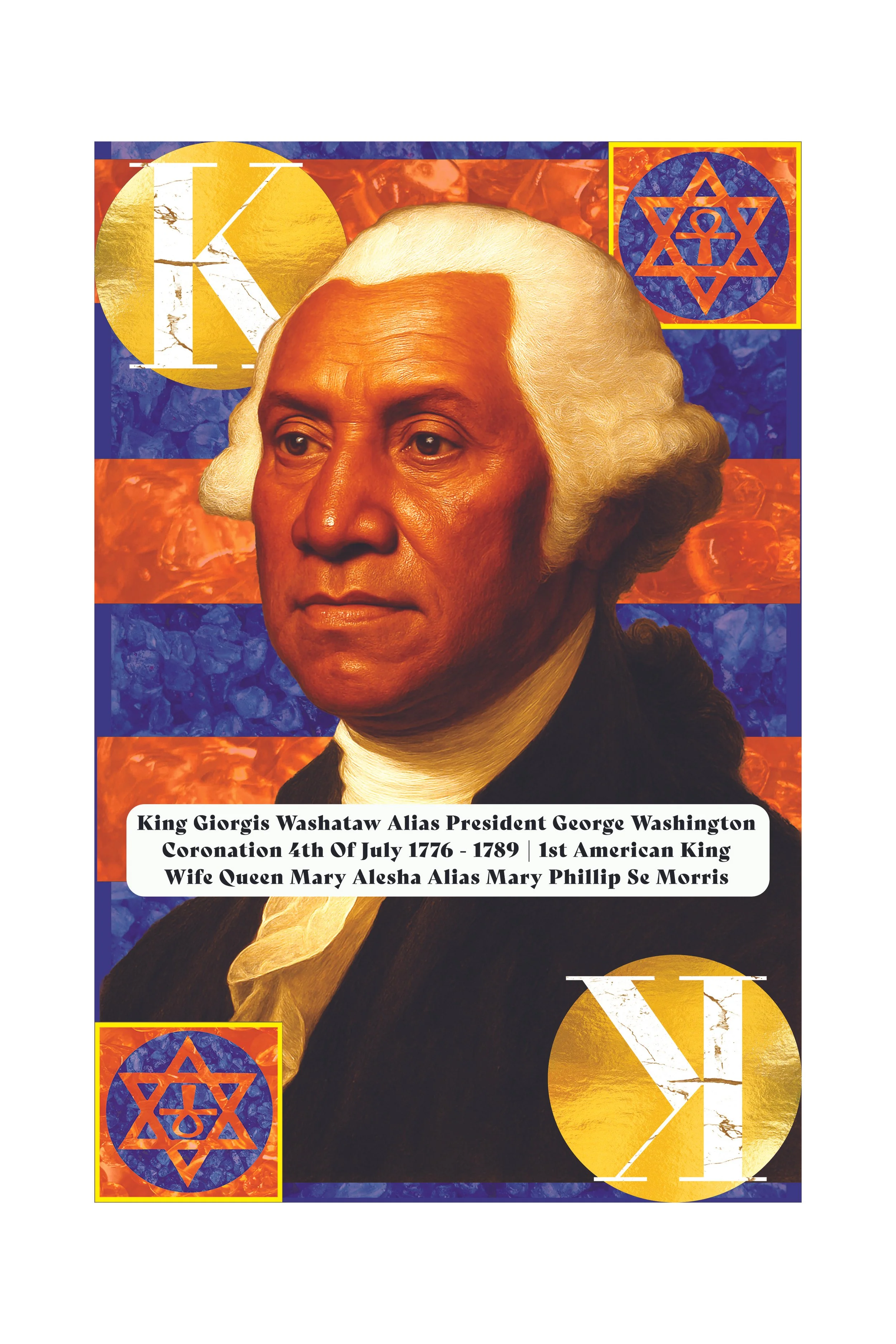 Portrait of George Washington with a background of red, blue, and orange patterns, including a gold circle and a Star of David symbol.