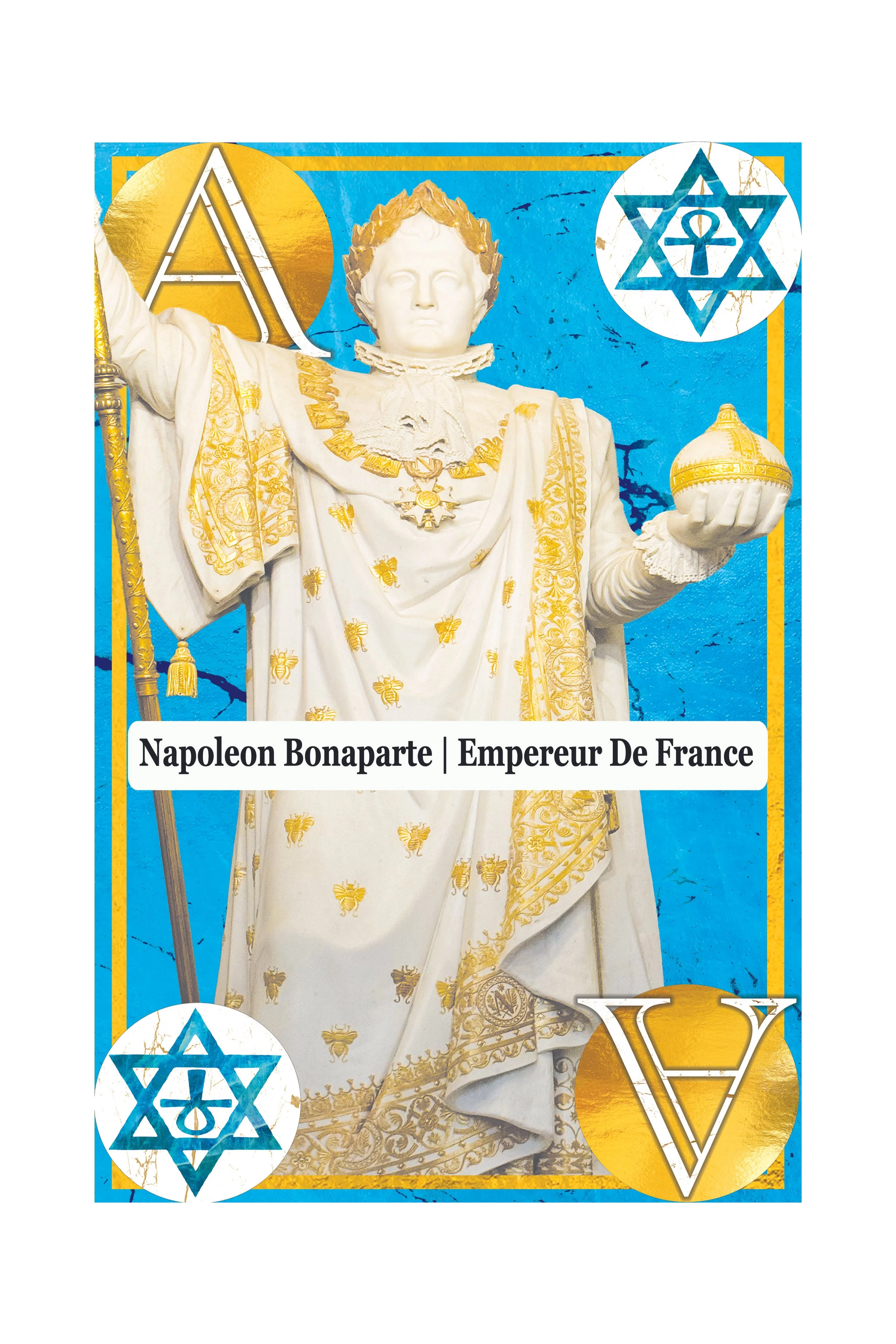 A statue of Napoleon Bonaparte dressed in ornate white and gold clothing, holding a sphere in one hand and a staff in the other, adorned with symbols of France and Judaism, with a blue background featuring gold accents.