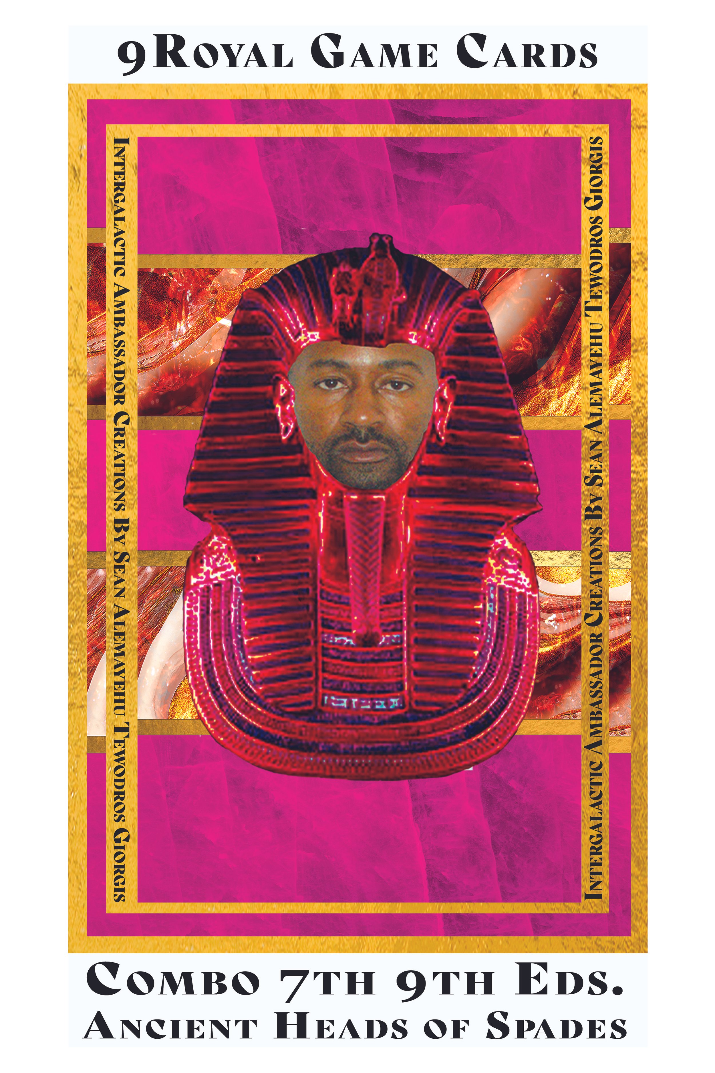 Cover of a card game set called '9 Royal Game Cards' featuring a collage of abstract art, a man's face wearing an Egyptian-style headdress, and gold borders with text describing the game. The text mentions 'Combo 7th 9th Eds' and 'Ancient Heads of Spades'.